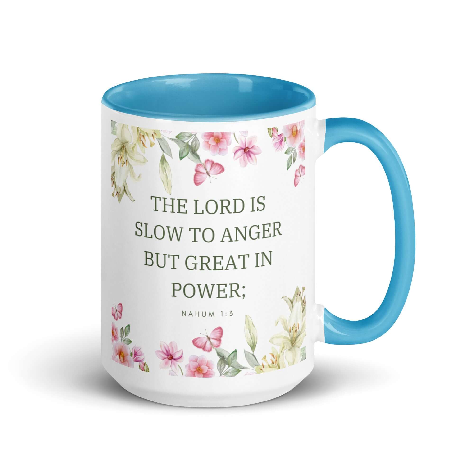 Nahum 1:3 Bible Verse, slow to anger White Ceramic Mug with Color Inside Blue 15 oz