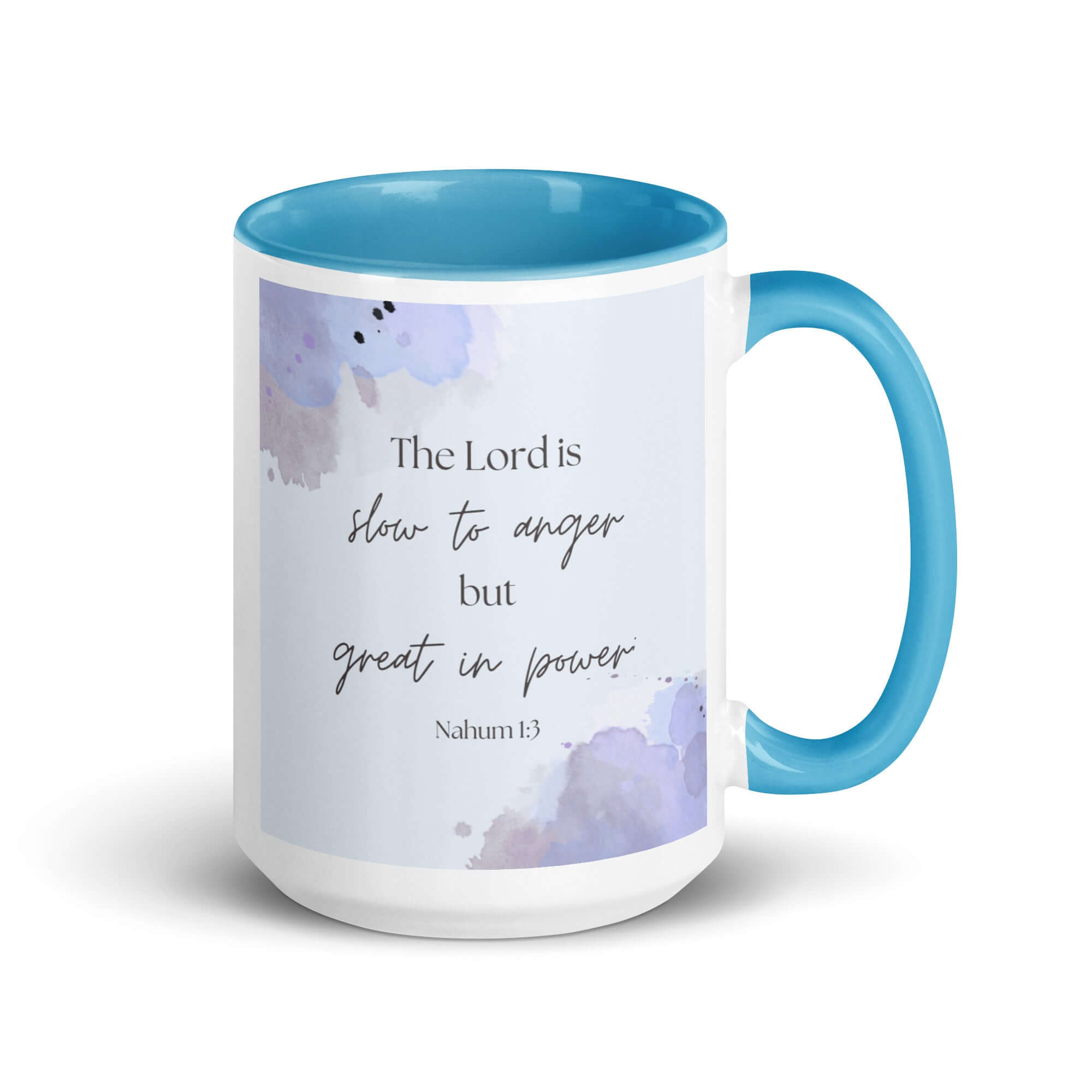 Nahum 1:3 Bible Verse, great in power White Ceramic Mug with Color Inside Blue 15 oz
