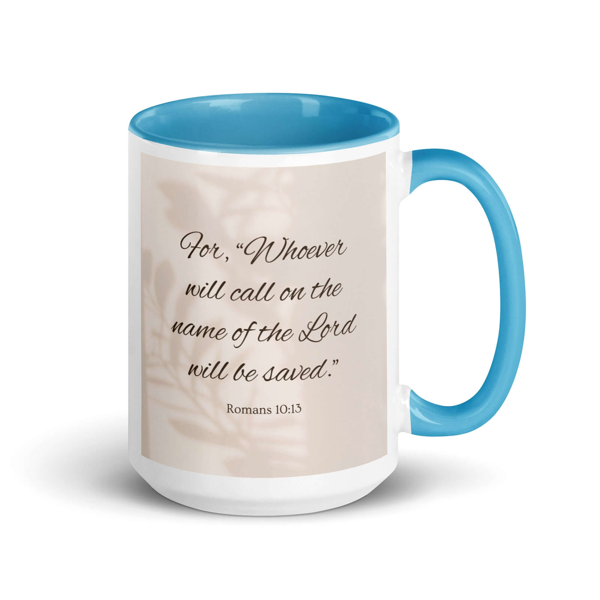 Romans 10:13 Bible Verse, Whoever White Ceramic Mug with Color Inside Blue 15 oz