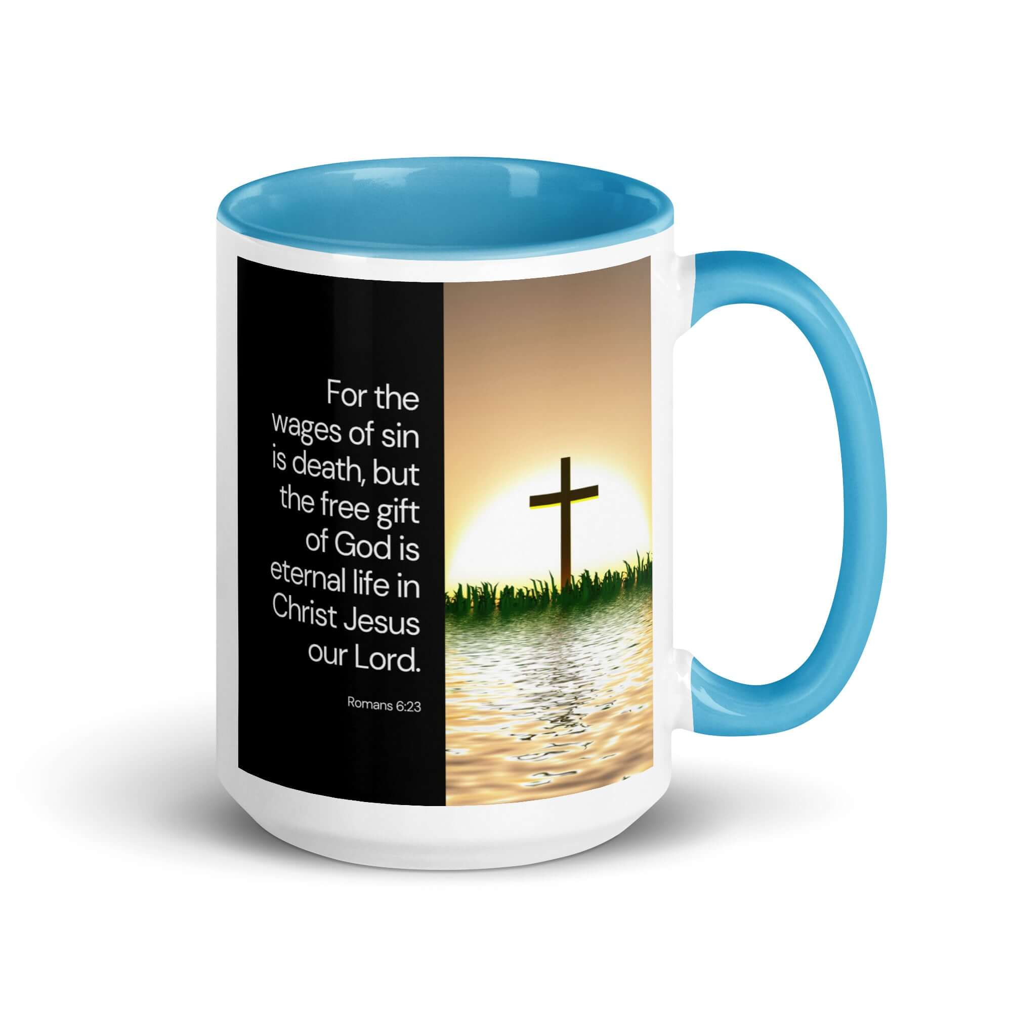 Romans 6:23 Bible Verse, the wages White Ceramic Mug with Color Inside Blue 15 oz
