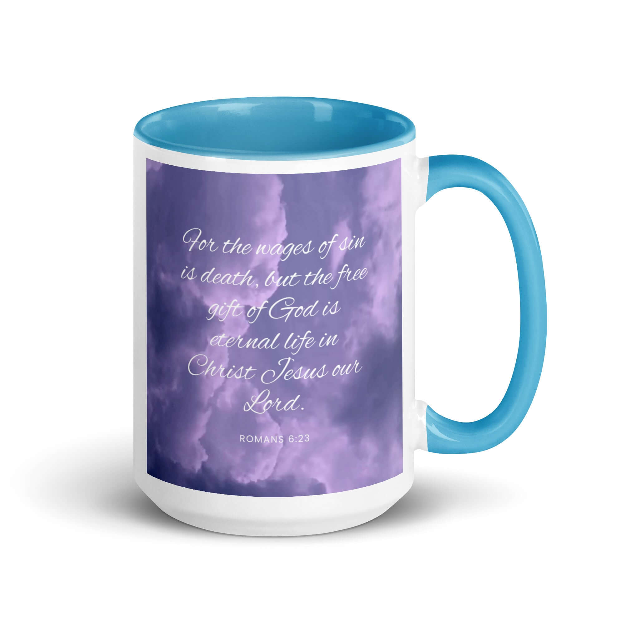 Romans 6:23 Bible Verse, free gift White Ceramic Mug with Color Inside Blue 15 oz