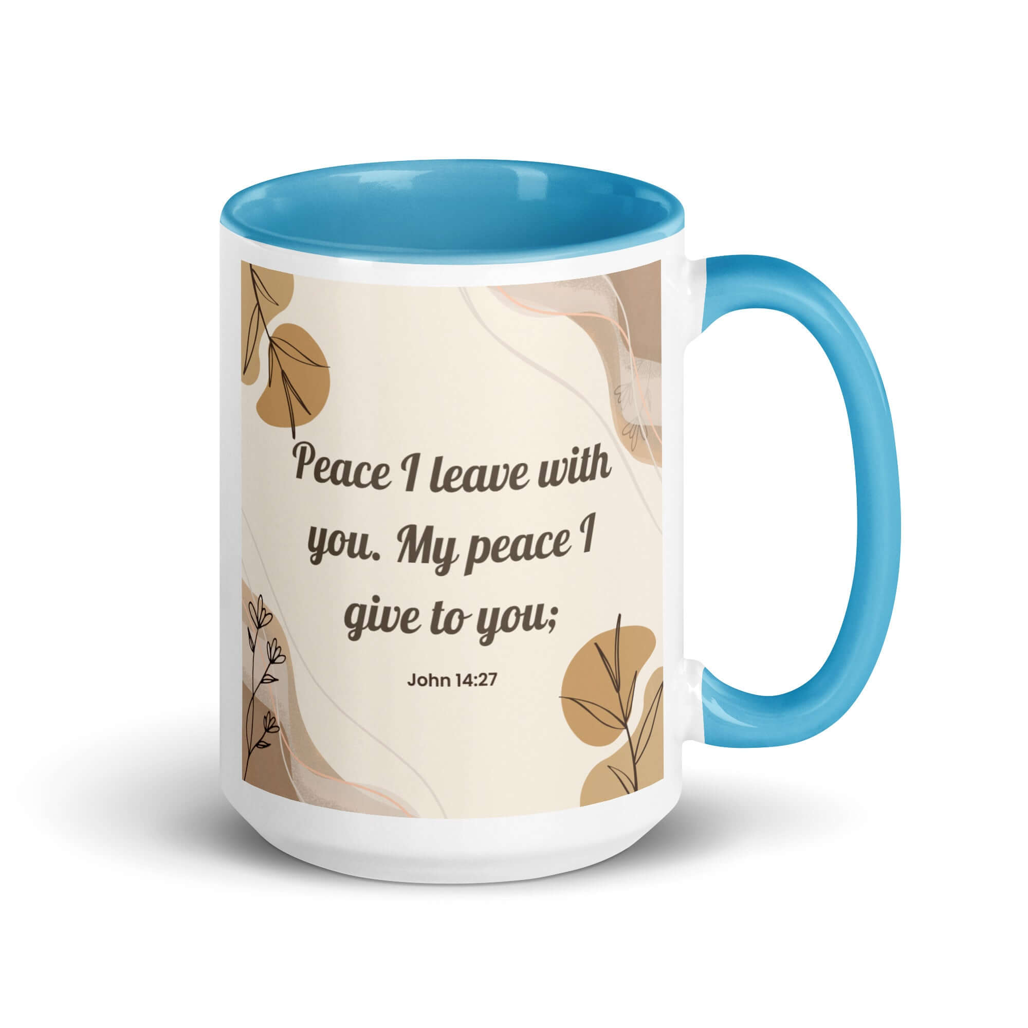 John 14:27 Bible Verse, Peace I White Ceramic Mug with Color Inside Blue 15 oz