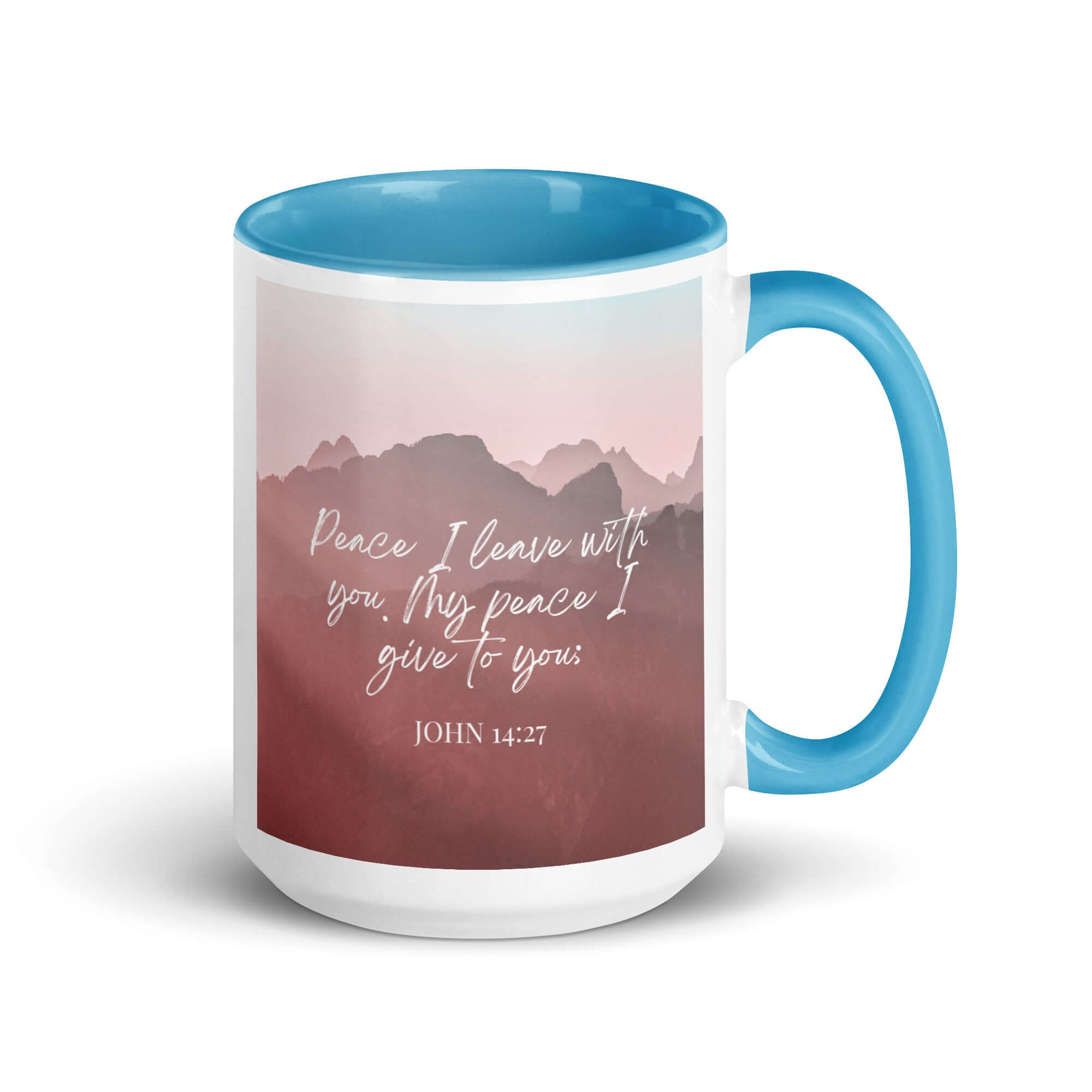 John 14:27 Bible Verse, I give you White Ceramic Mug with Color Inside Blue 15 oz