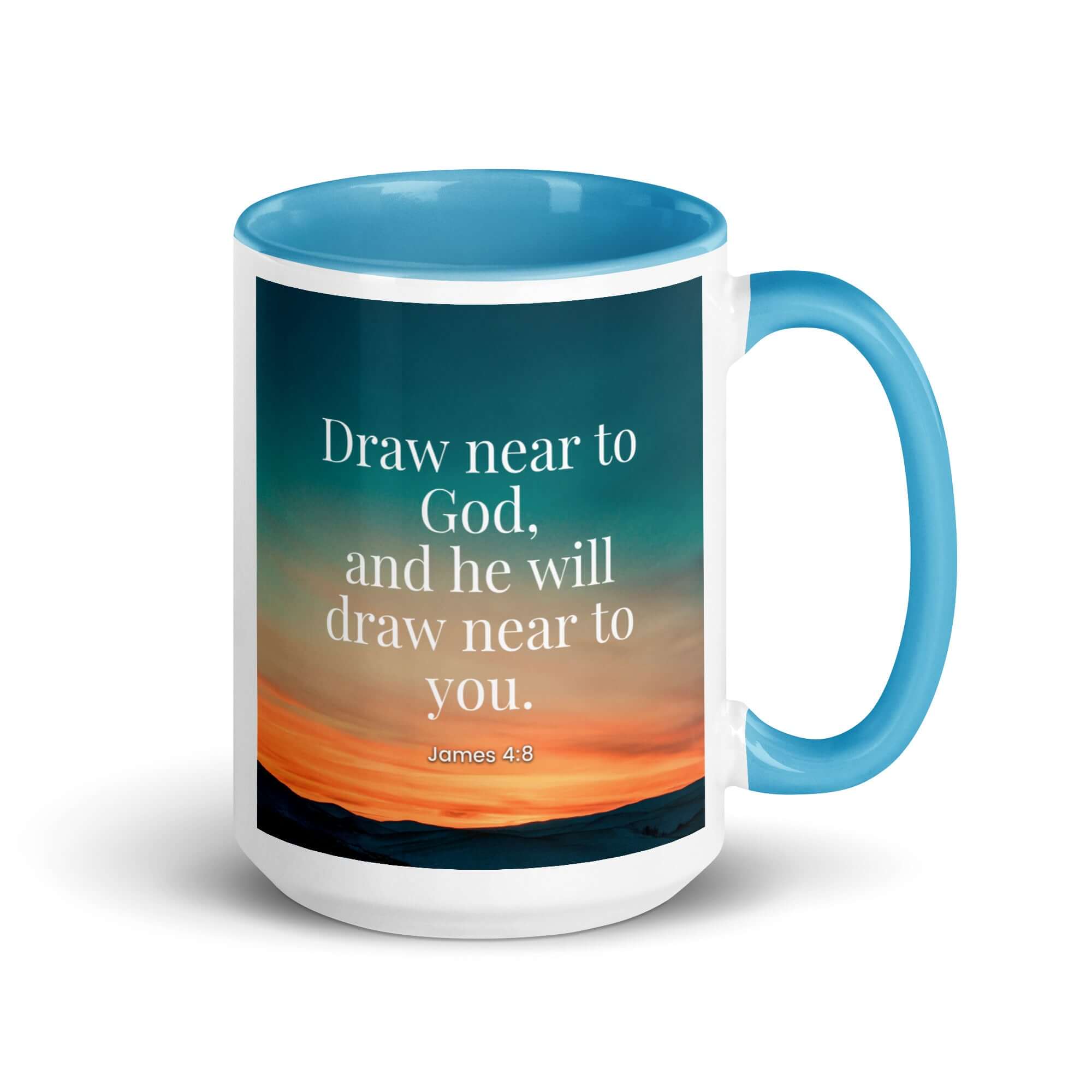 James 4:8 Bible Verse, near to God White Ceramic Mug with Color Inside Blue 15 oz