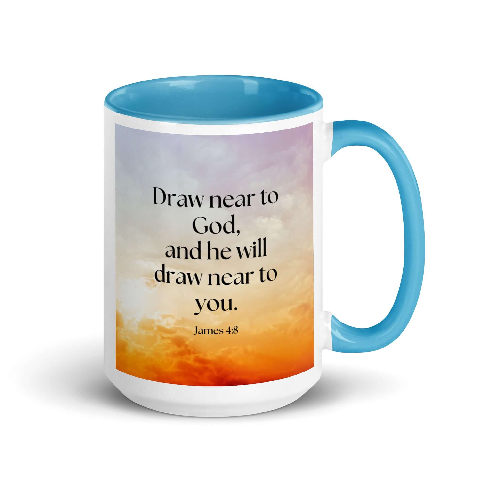 James 4:8 Bible Verse, he will draw White Ceramic Mug with Color Inside Blue 15 oz