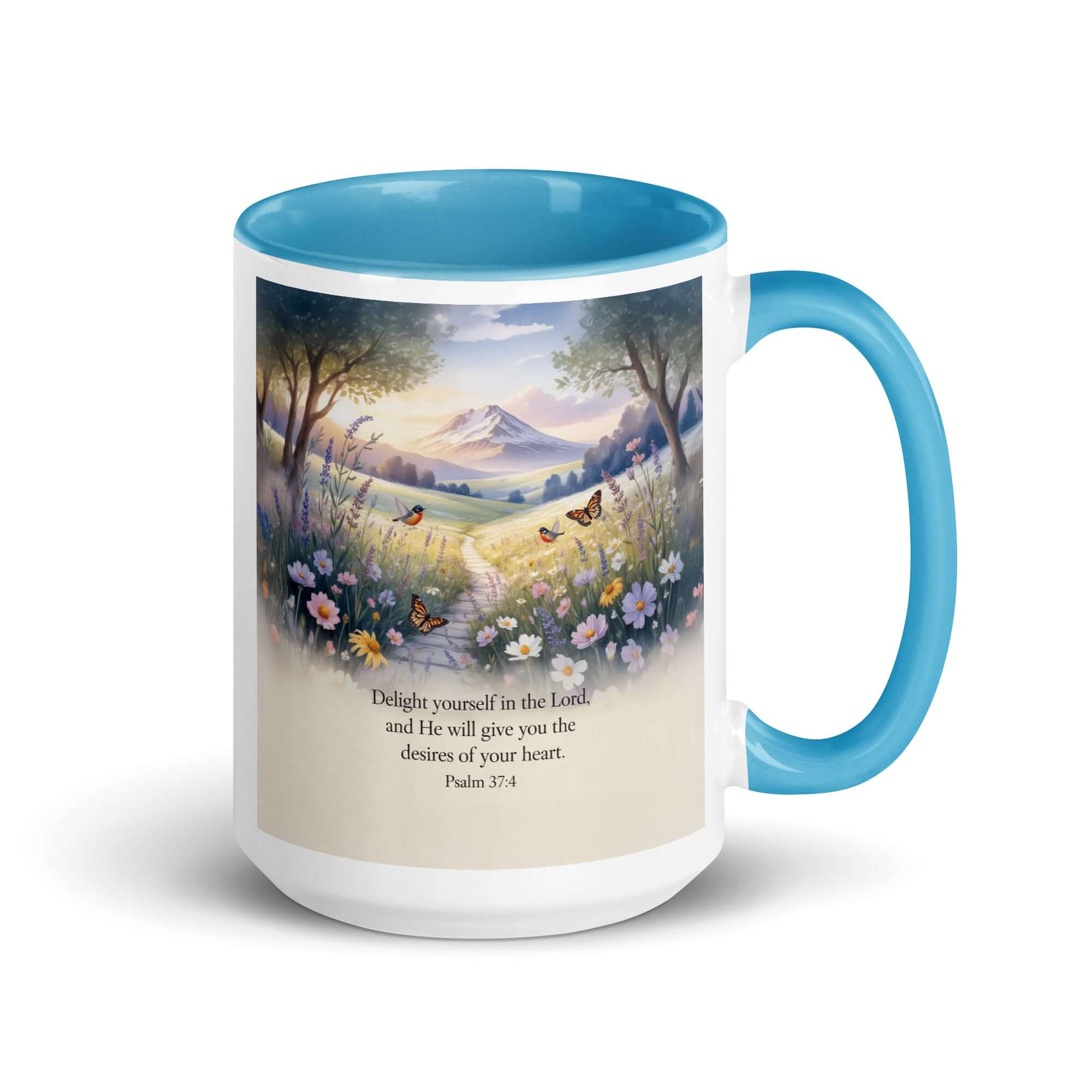 Psalm 37:4 Bible Verse, Delight White Ceramic Mug with Color Inside Blue 15 oz