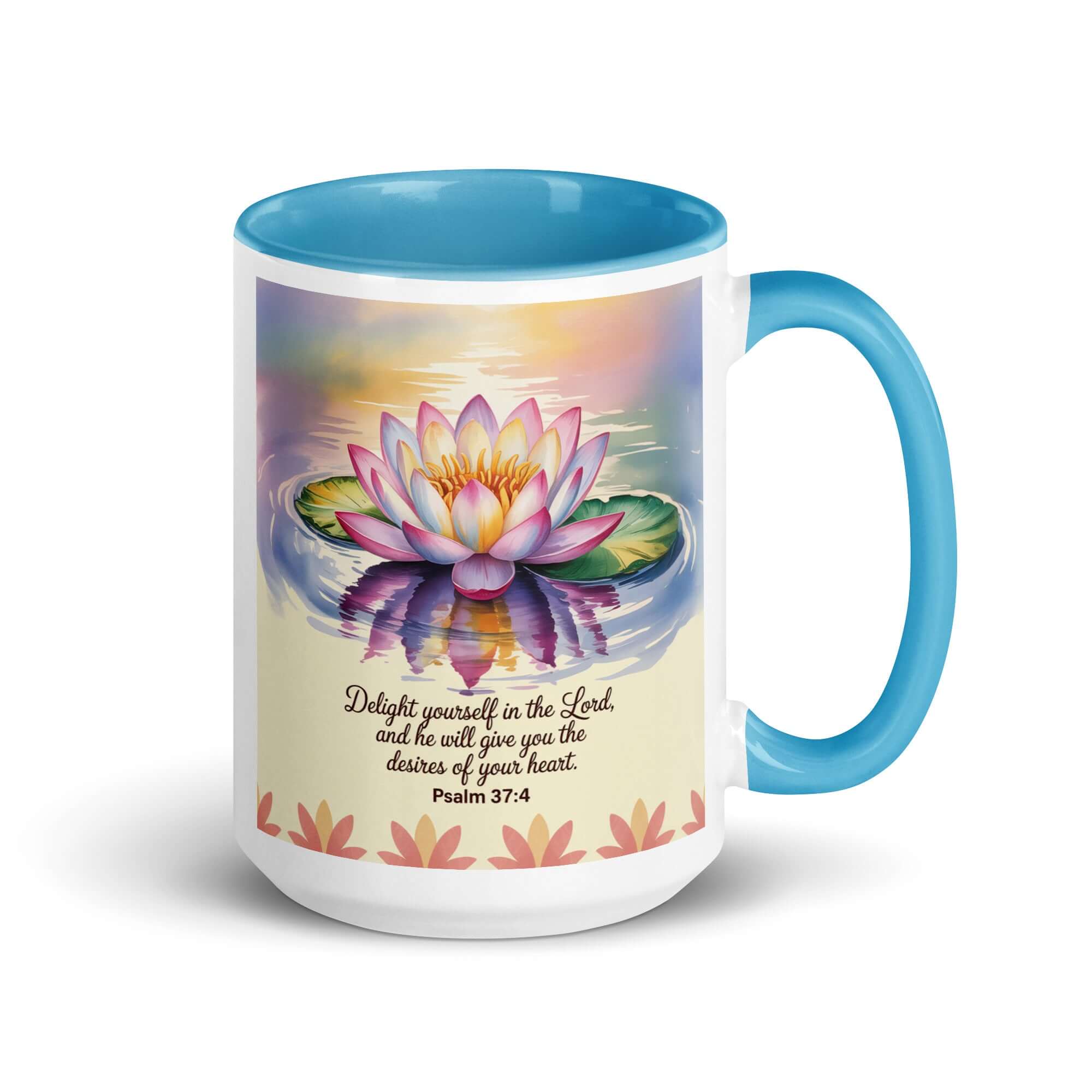 Psalm 37:4 Bible Verse, the Lord White Ceramic Mug with Color Inside Blue 15 oz