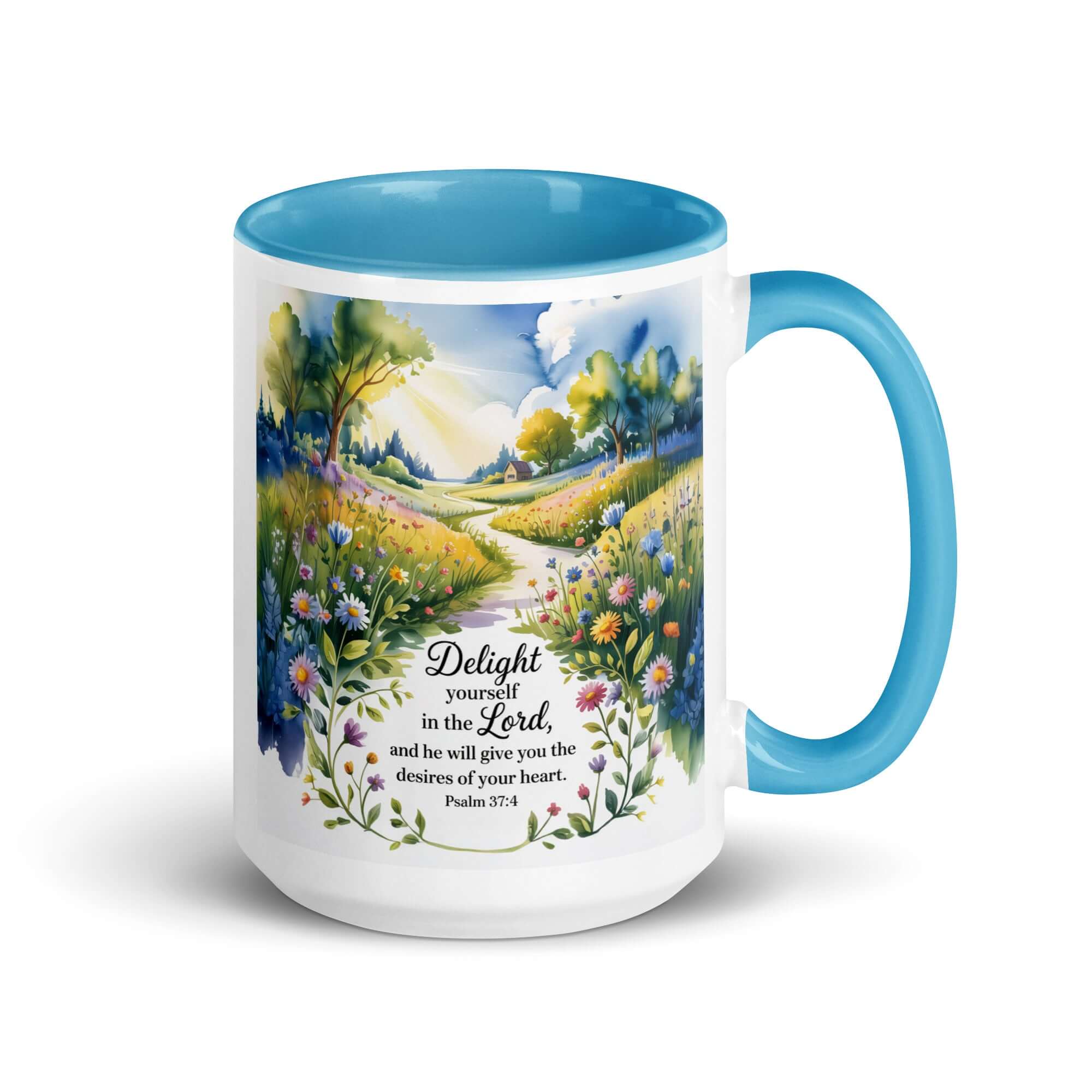 Psalm 37:4 Bible Verse, desires White Ceramic Mug with Color Inside Blue 15 oz