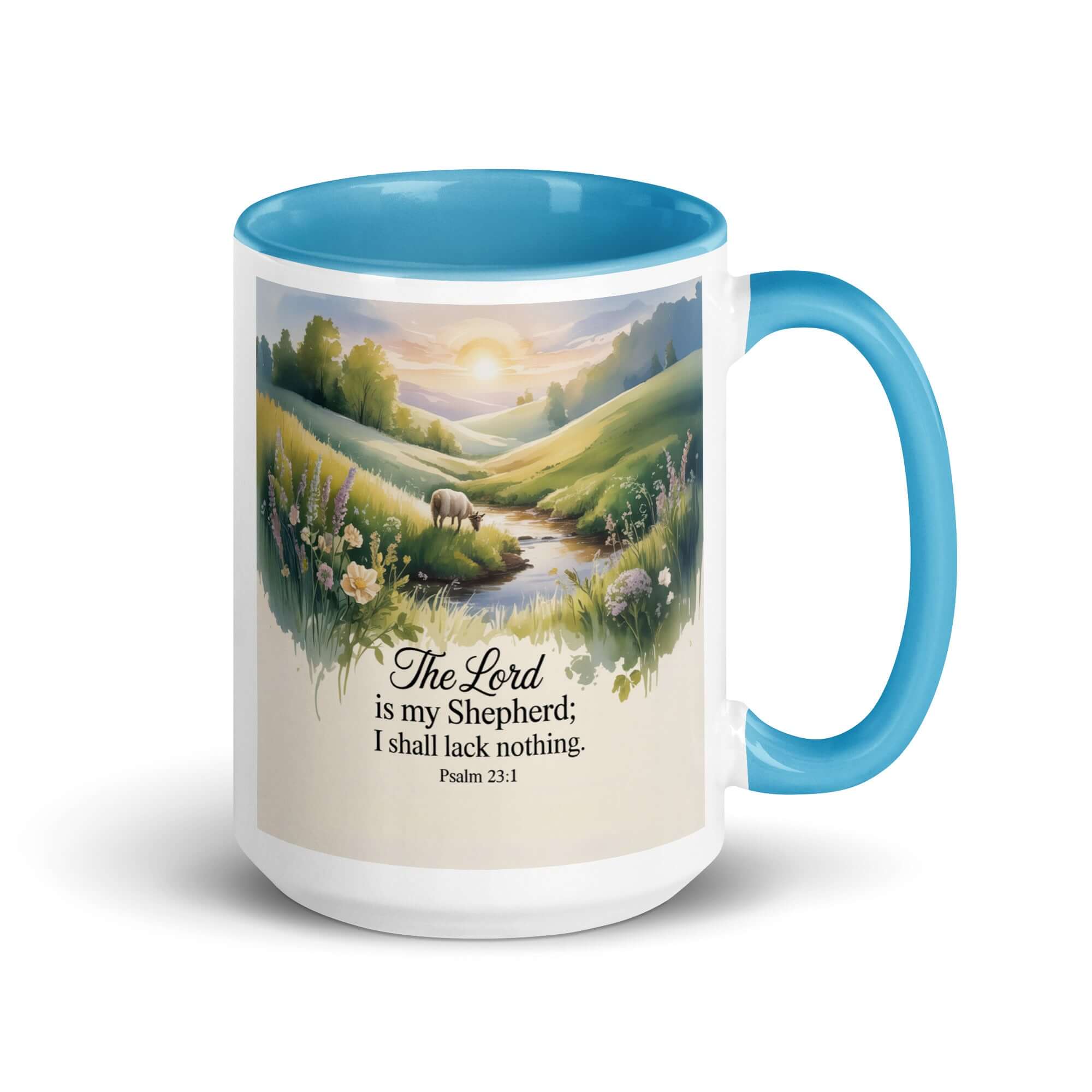Psalm 23:1 Bible Verse, Lord White Ceramic Mug with Color Inside Blue 15 oz