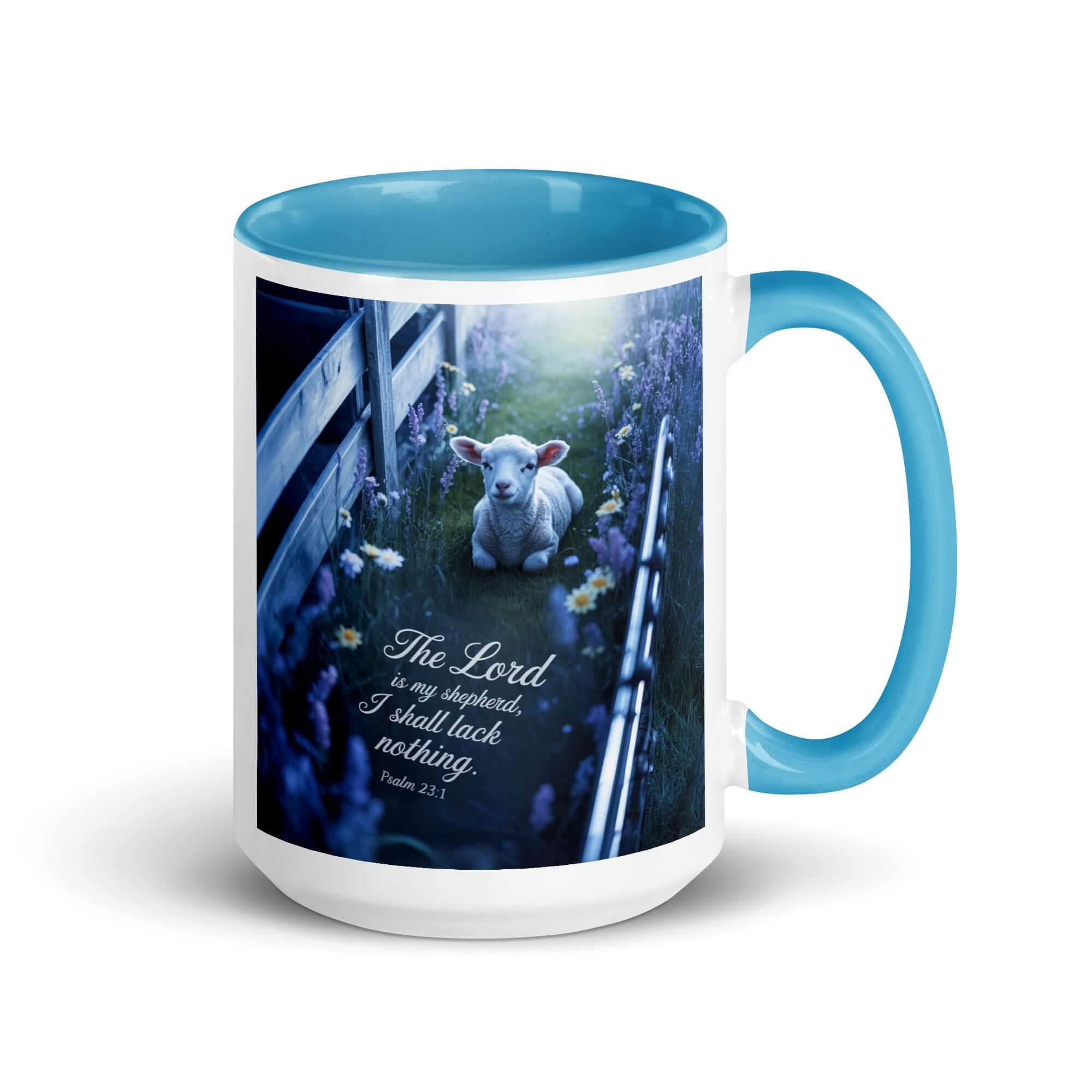 Psalm 23:1 Bible Verse, Shepherd White Ceramic Mug with Color Inside Blue 15 oz