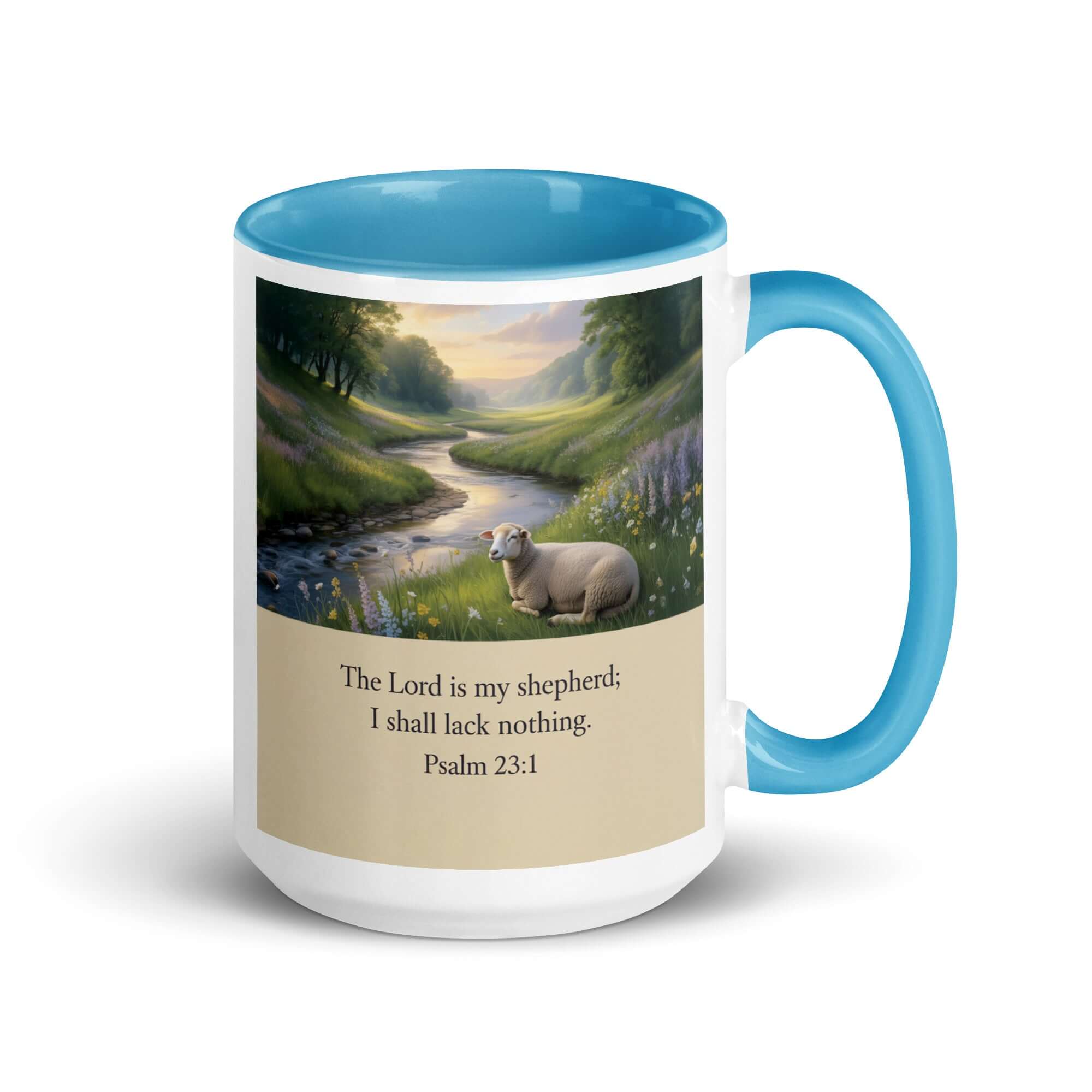 Psalm 23:1 Bible Verse, I shall White Ceramic Mug with Color Inside Blue 15 oz