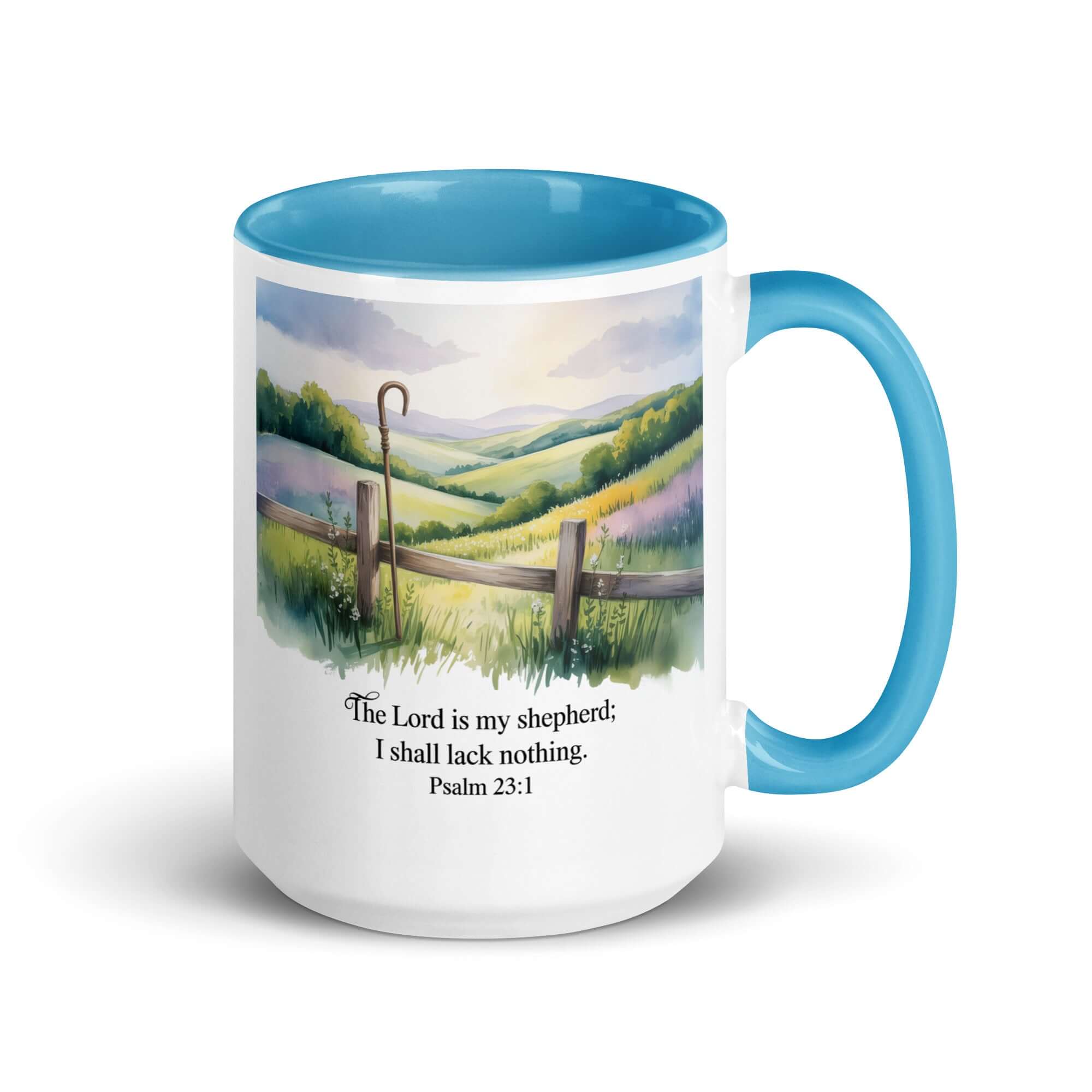 Psalm 23:1 Bible Verse, Lack White Ceramic Mug with Color Inside Blue 15 oz