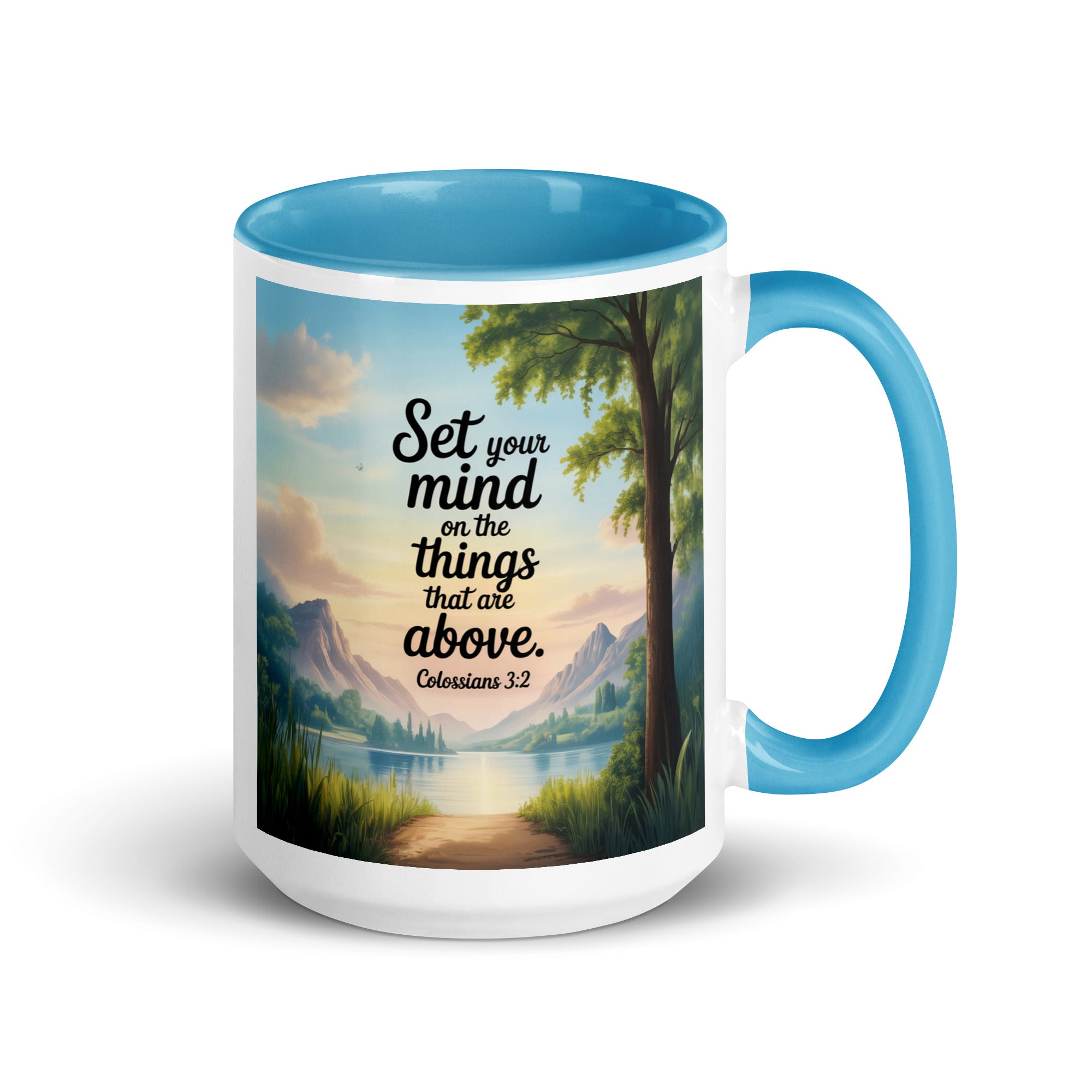 Colossians 3:2 Bible Verse Set White Ceramic Mug with Color Inside Blue 15 oz