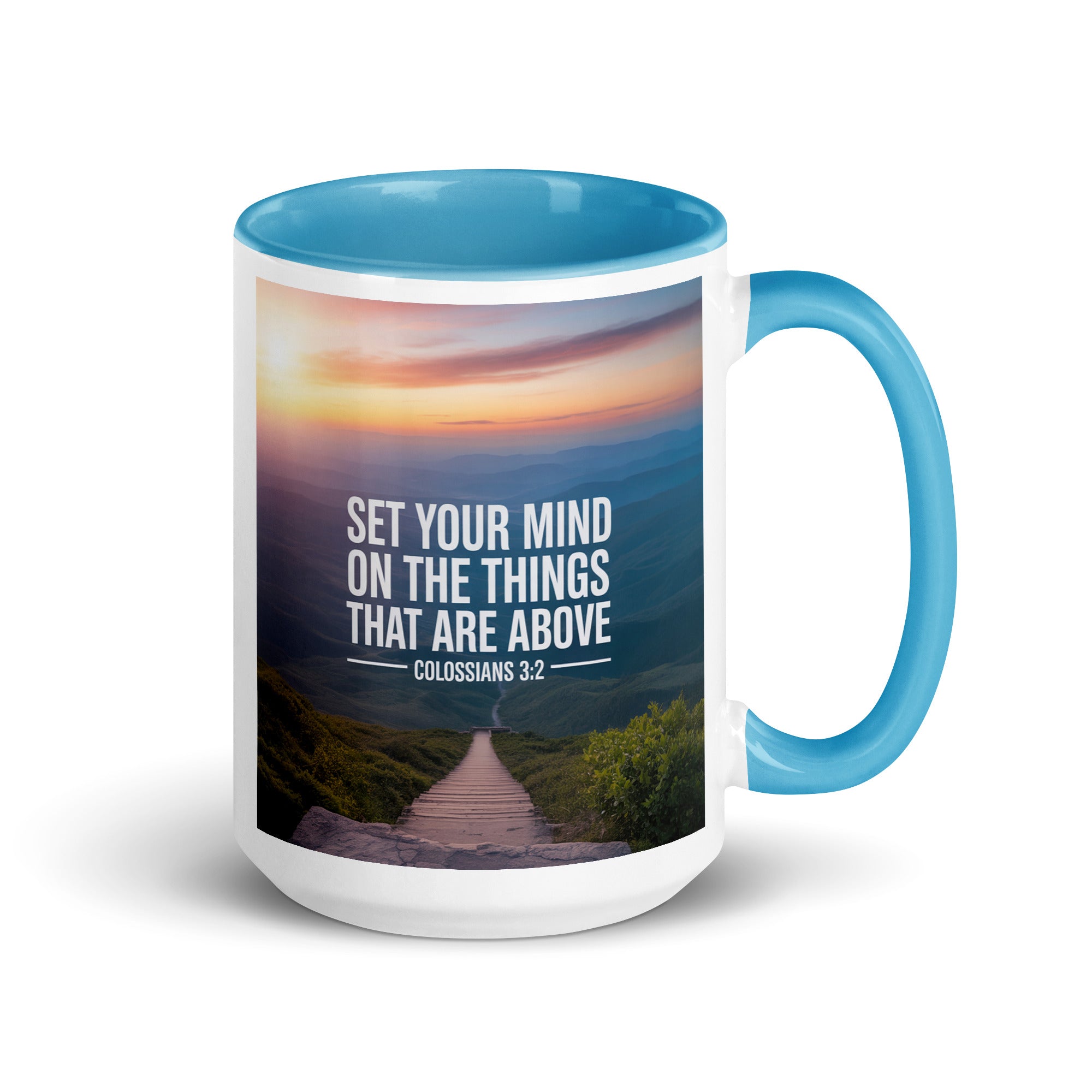 Colossians 3:2 Bible Verse your mind White Ceramic Mug with Color Inside Blue 15 oz