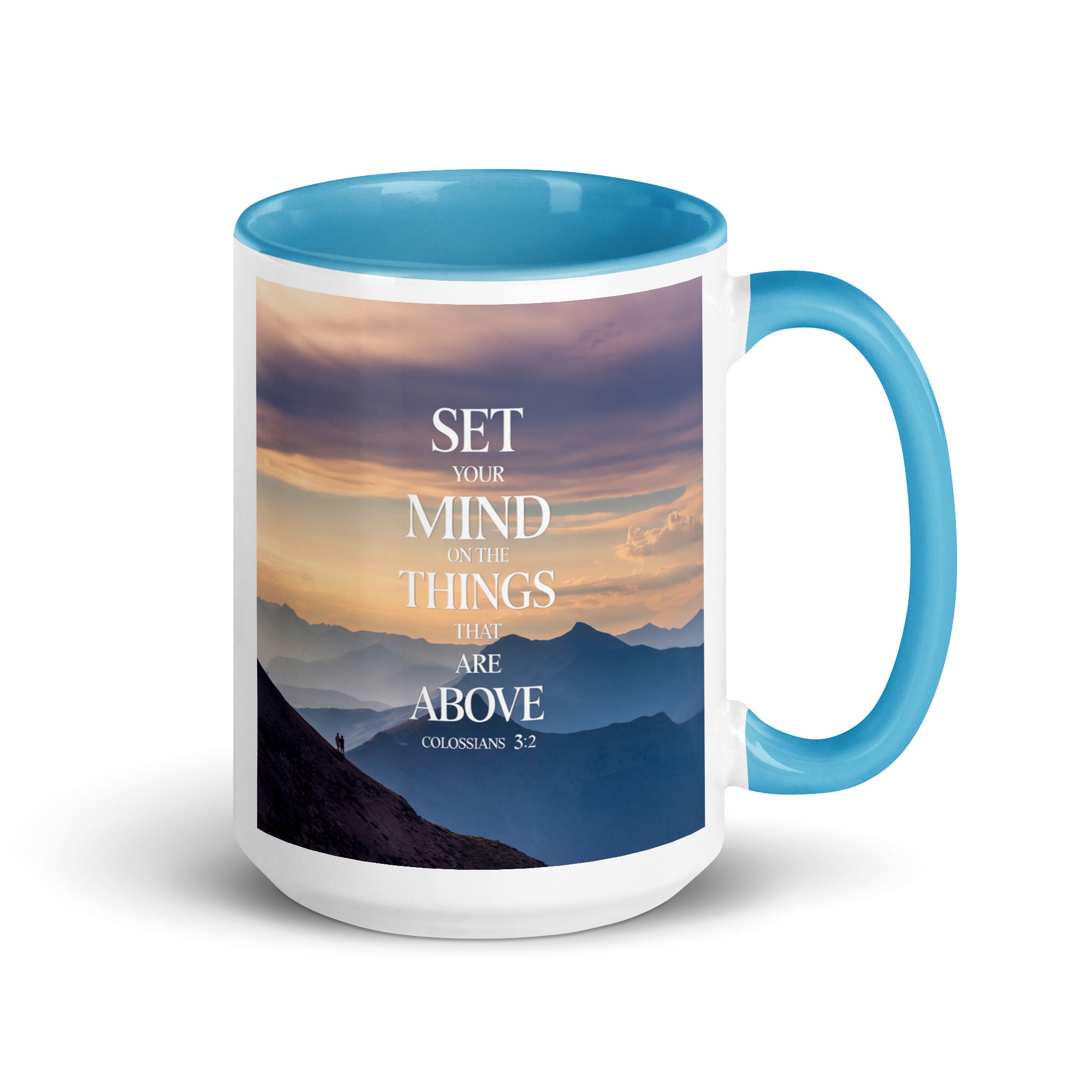 Colossians 3:2 Bible Verse things that White Ceramic Mug with Color Inside Blue 15 oz