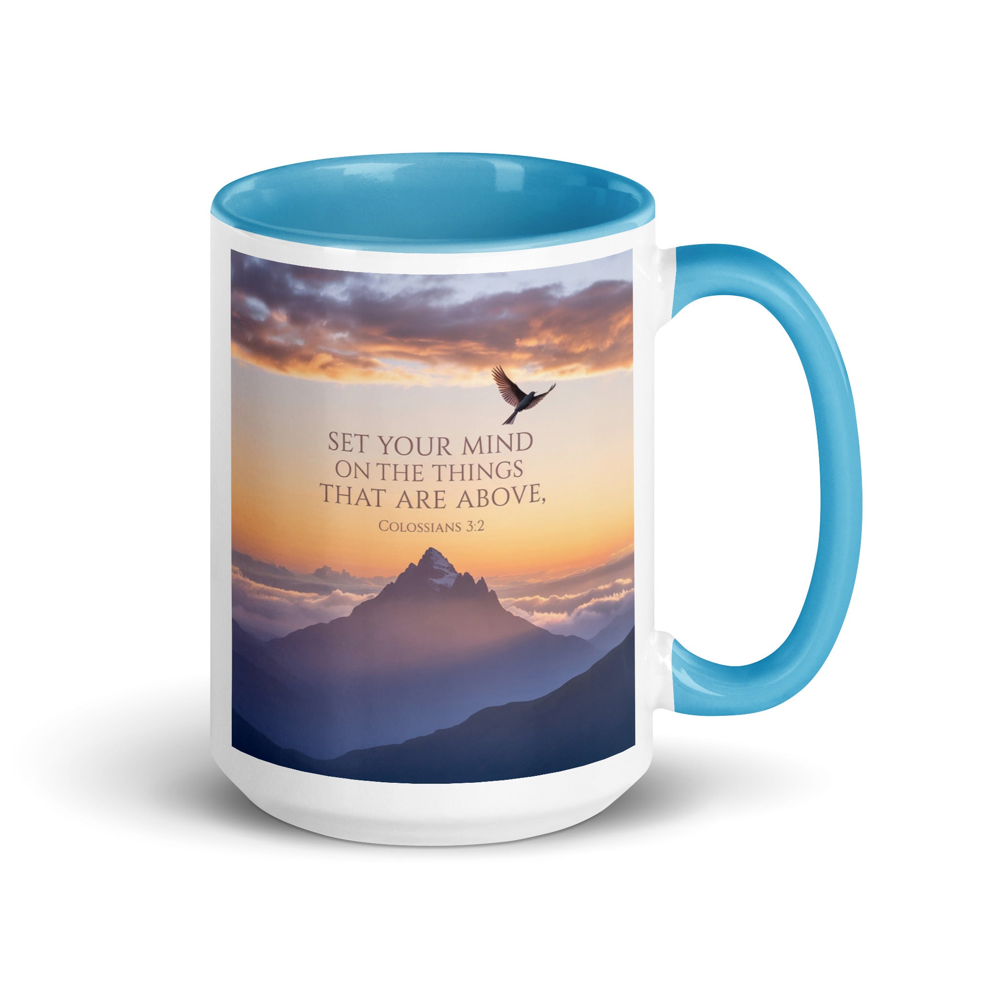 Colossians 3:2 Bible Verse are above White Ceramic Mug with Color Inside Blue 15 oz