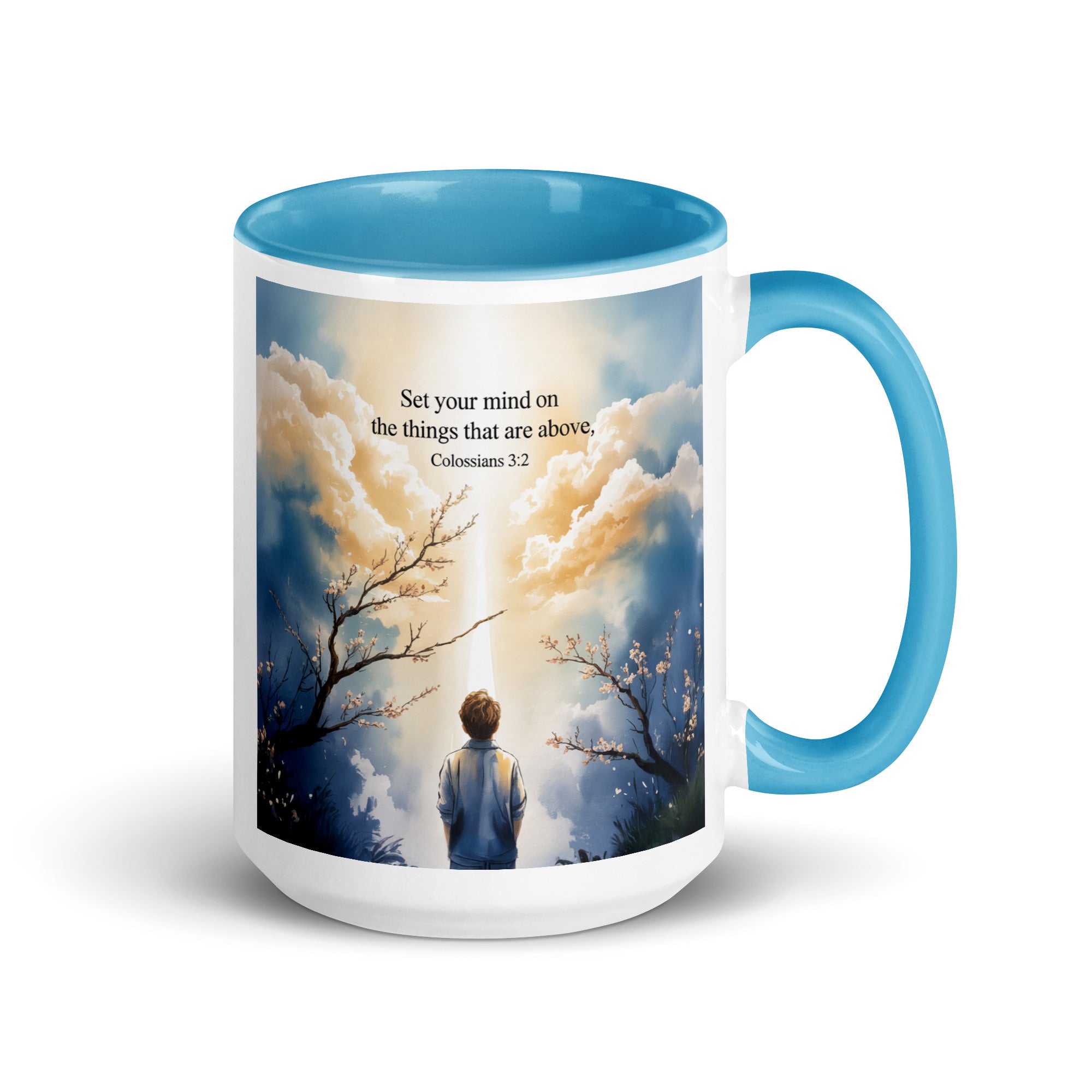 Colossians 3:2 Bible Verse the things White Ceramic Mug with Color Inside Blue 15 oz