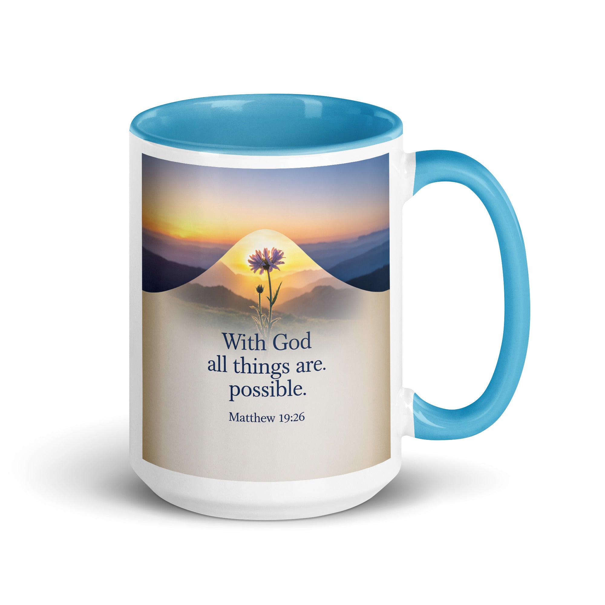 Matthew 19:26 Bible Verse at them White Ceramic Mug with Color Inside Blue 15 oz