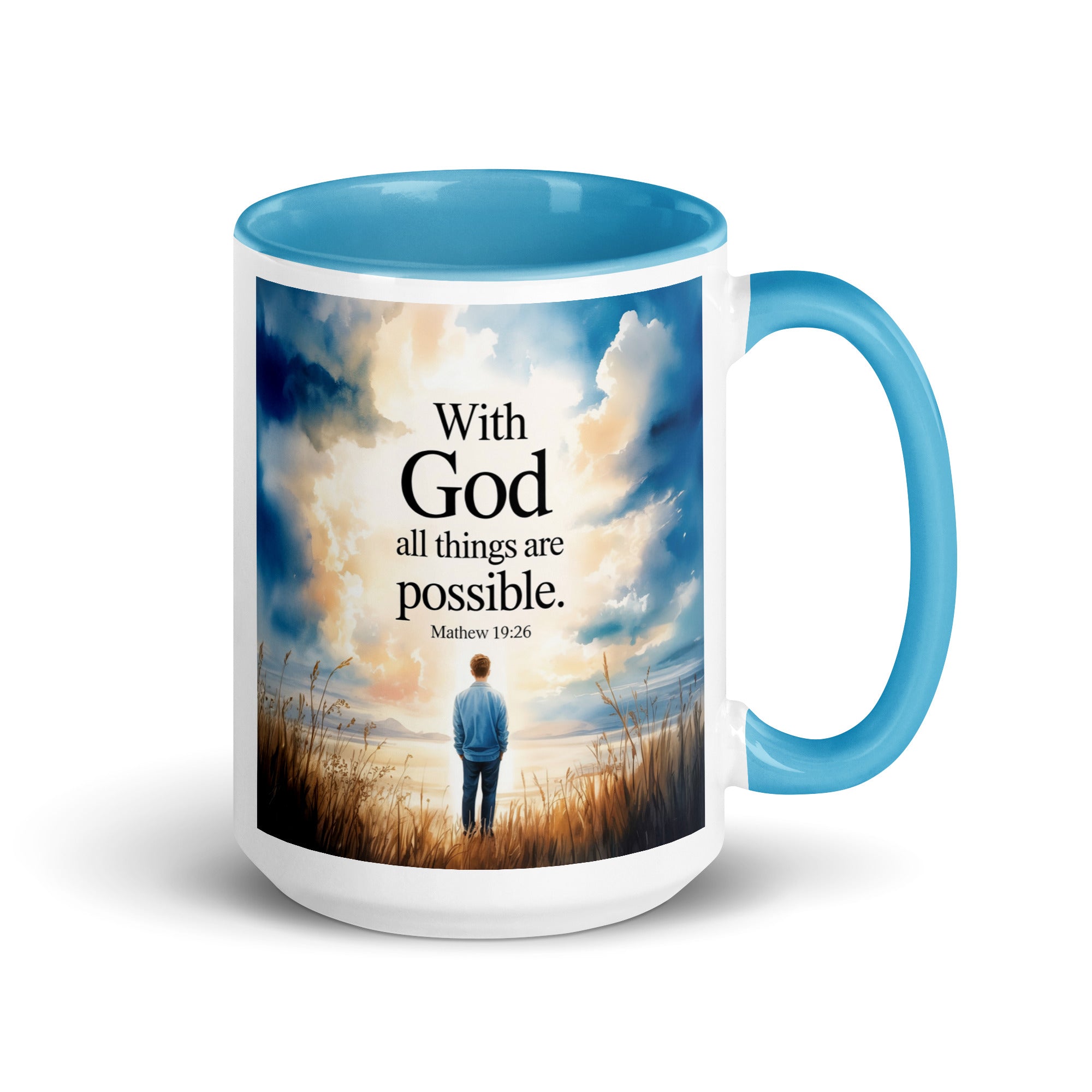 Matthew 19:26 Bible Verse Jesus White Ceramic Mug with Color Inside Blue 15 oz