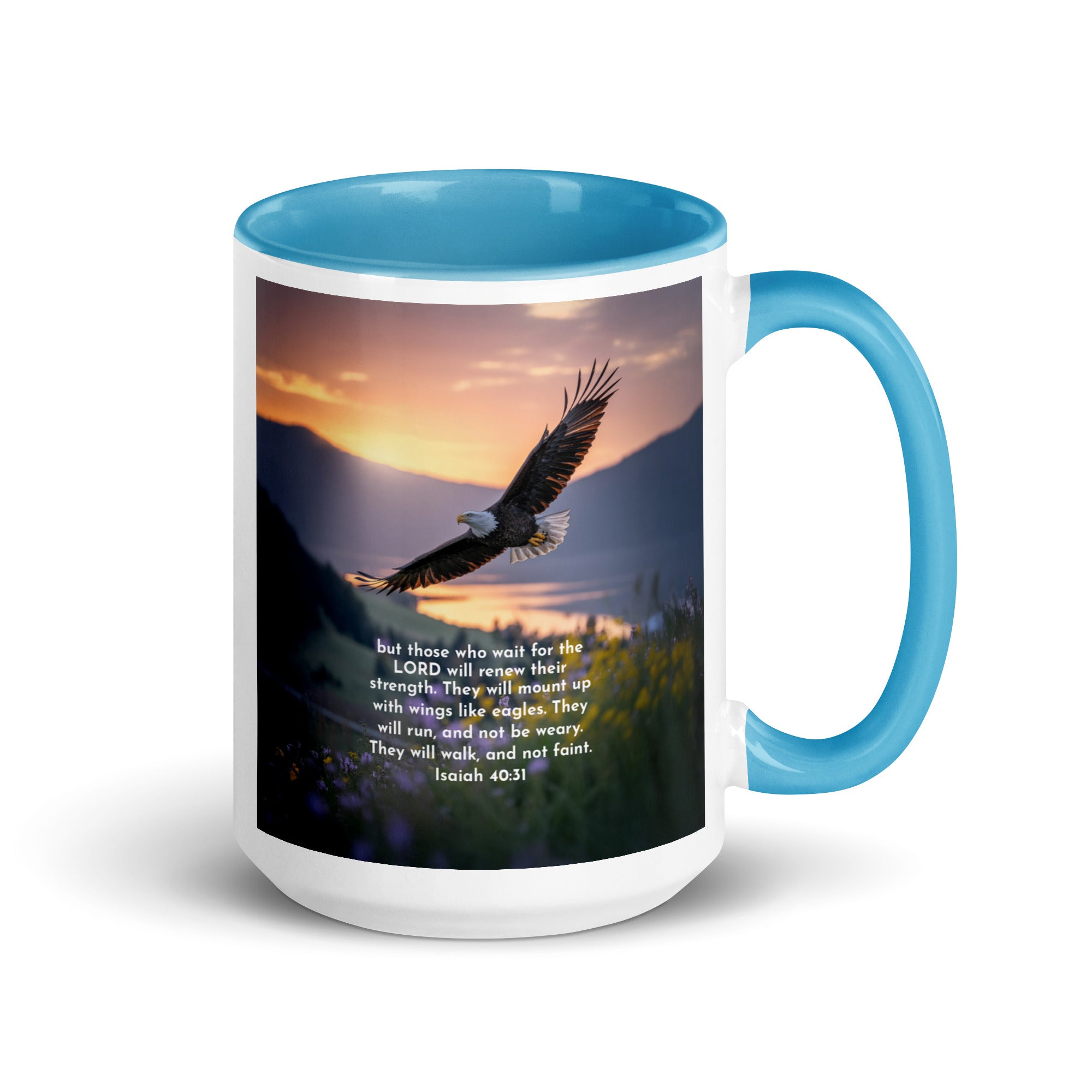 Isaiah 40:31 Bible Verse Renew Strength White Ceramic Mug with Color Inside Blue 15 oz