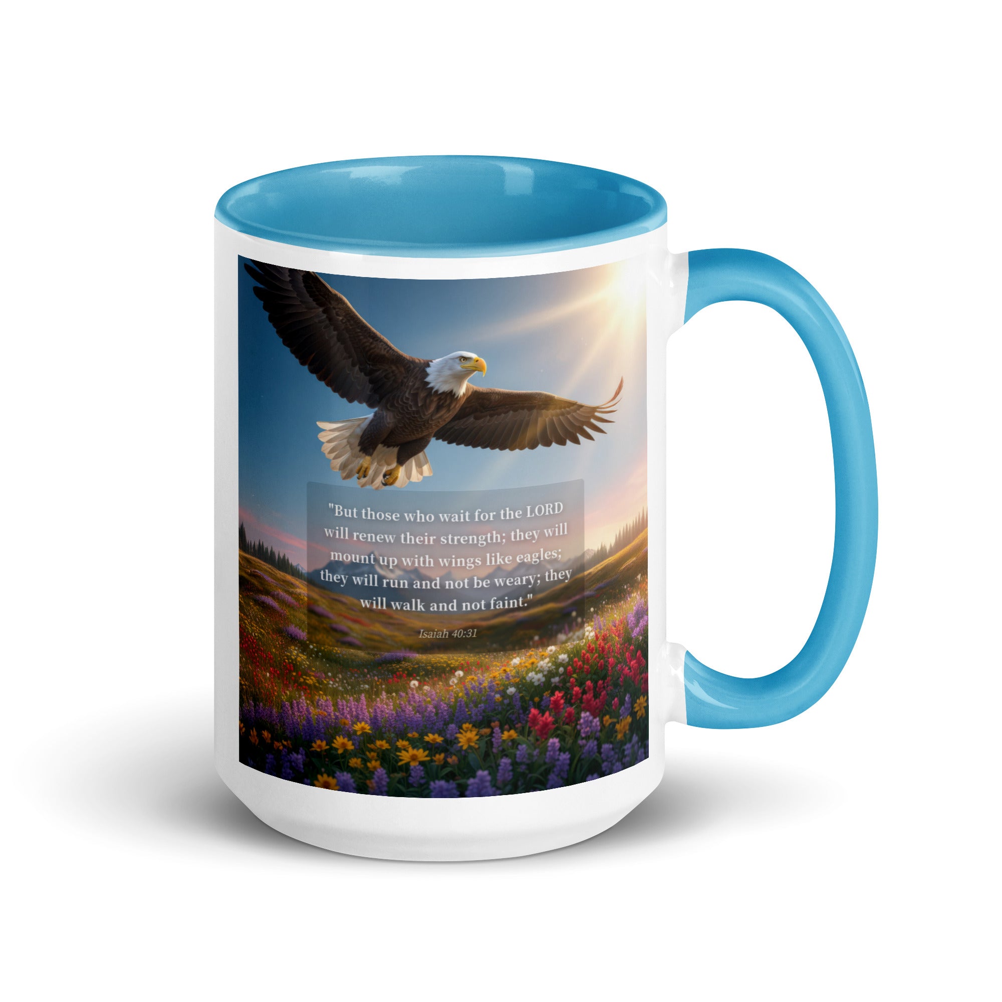 Isaiah 40:31 Bible Verse Who Wait White Ceramic Mug with Color Inside Blue 15 oz