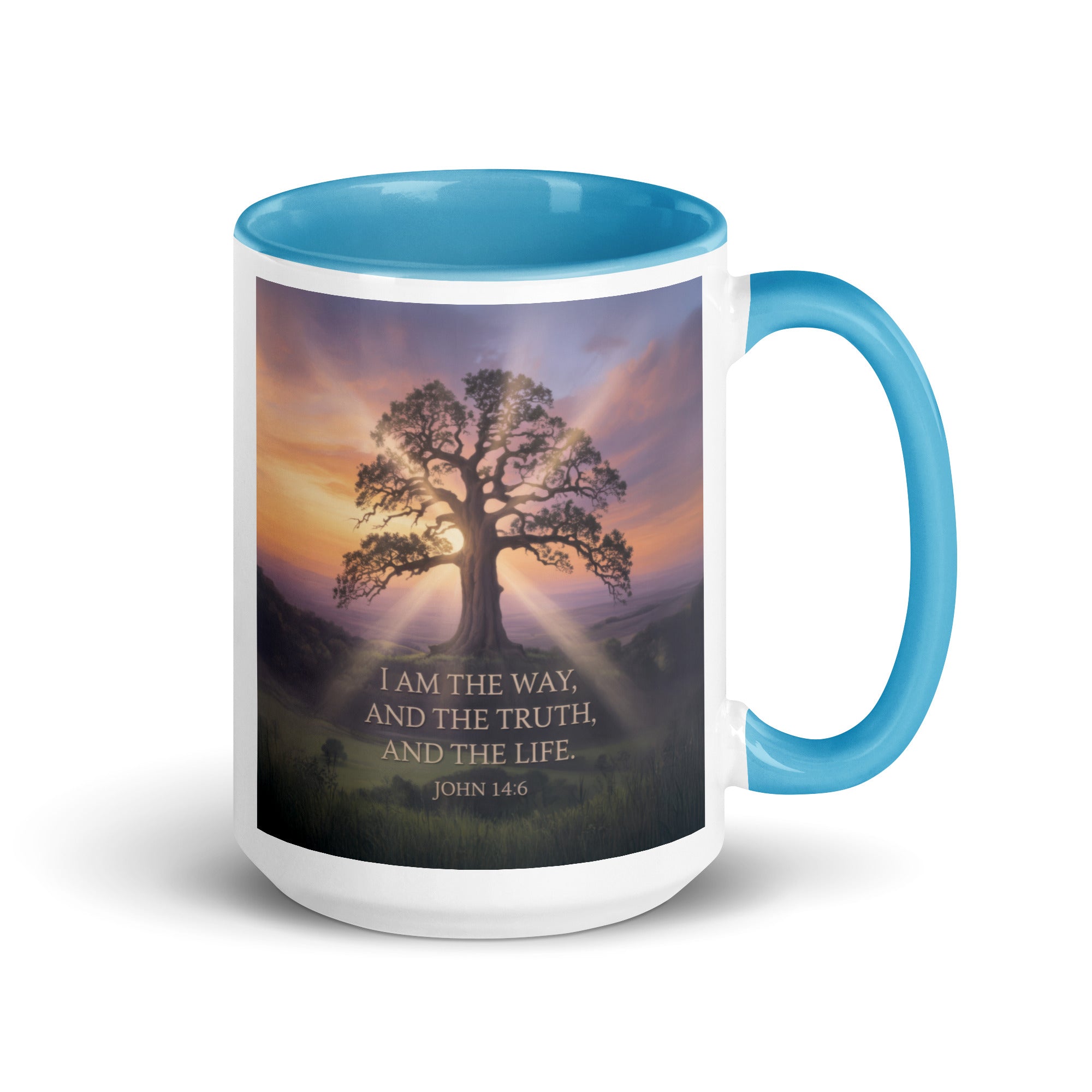 John 14:6 Bible Verse Jesus said White Ceramic Mug with Color Inside Blue 15 oz