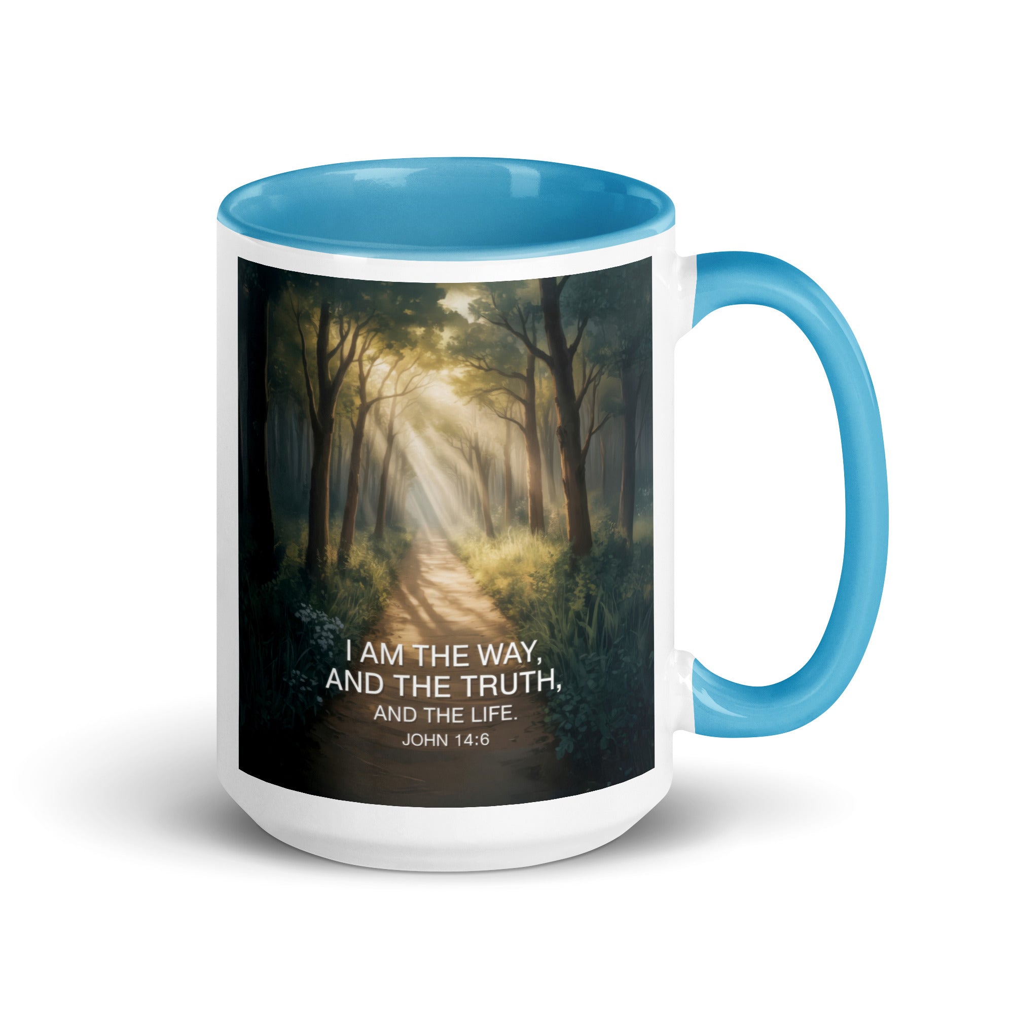 John 14:6 Bible Verse I Am White Ceramic Mug with Color Inside Blue 15 oz