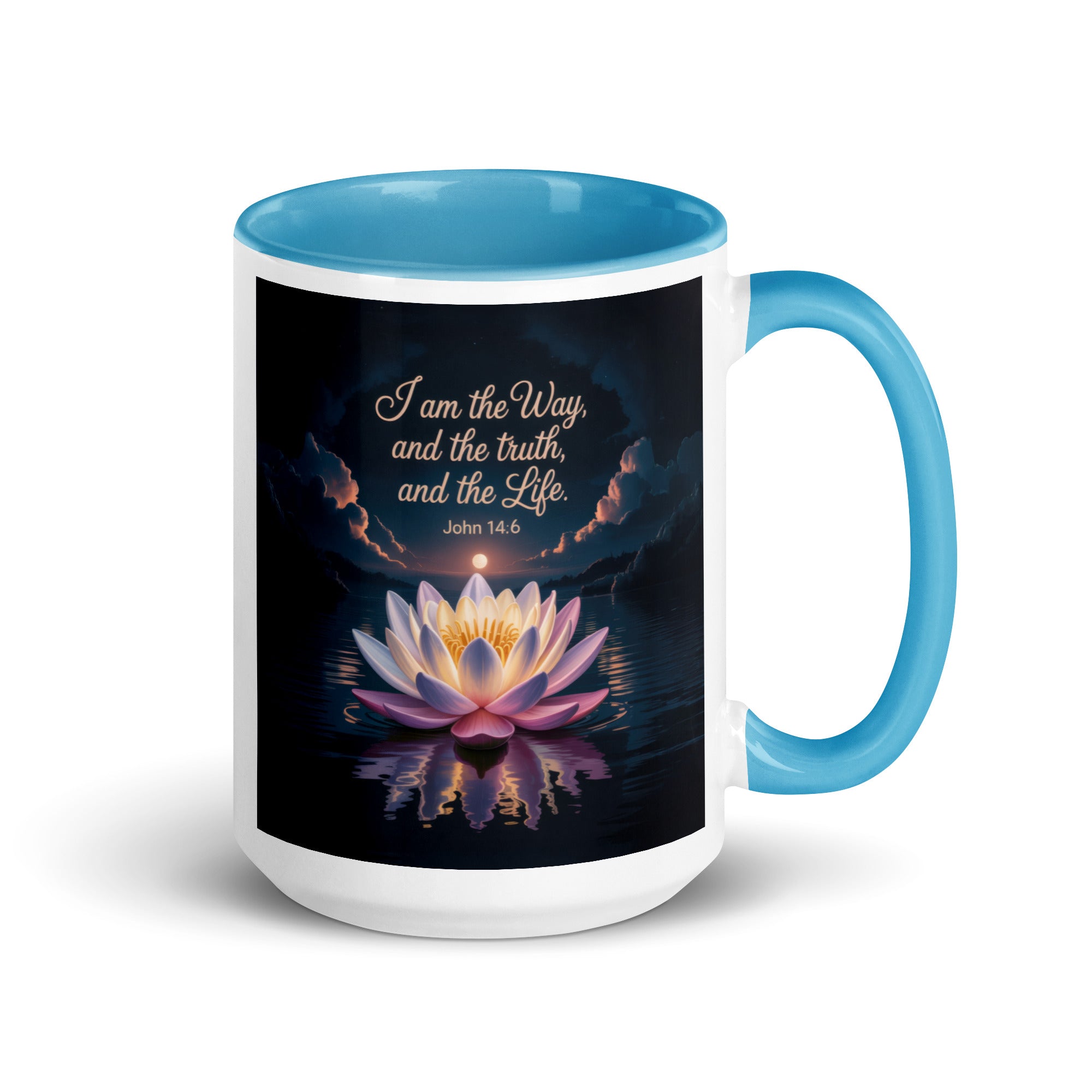 John 14:6 Bible Verse The Way White Ceramic Mug with Color Inside Blue 15 oz