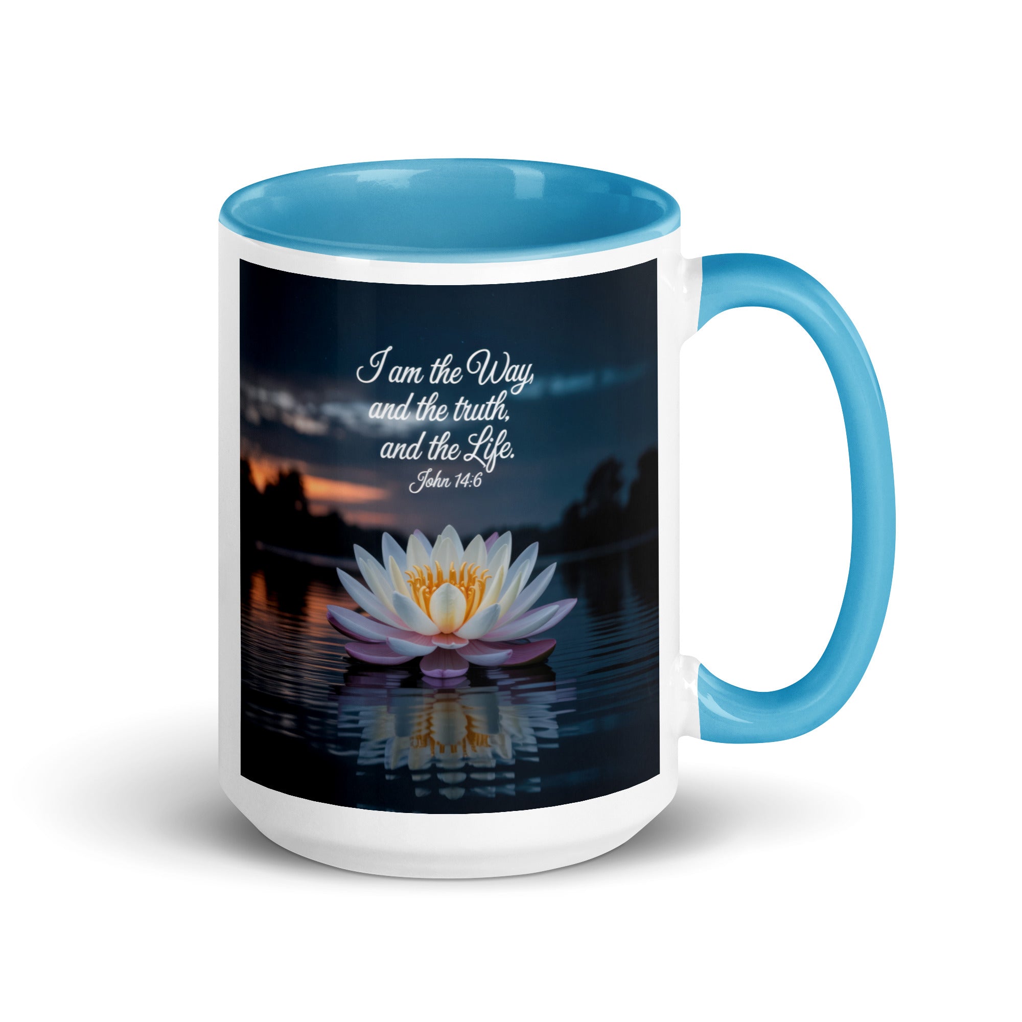 John 14:6 Bible Verse The Father White Ceramic Mug with Color Inside Blue 15 oz