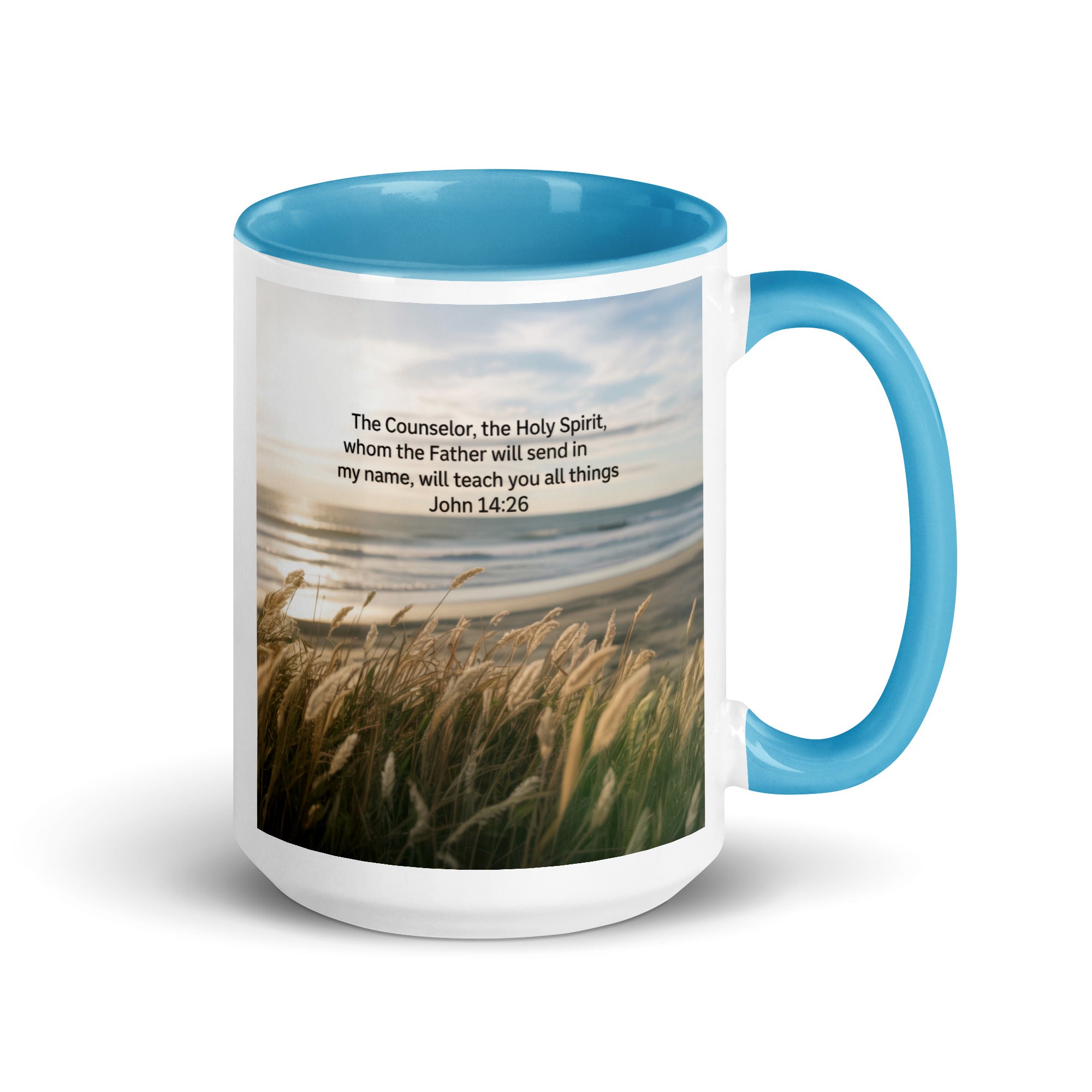 John 14:26 Bible Verse in my name White Ceramic Mug with Color Inside Blue 15 oz