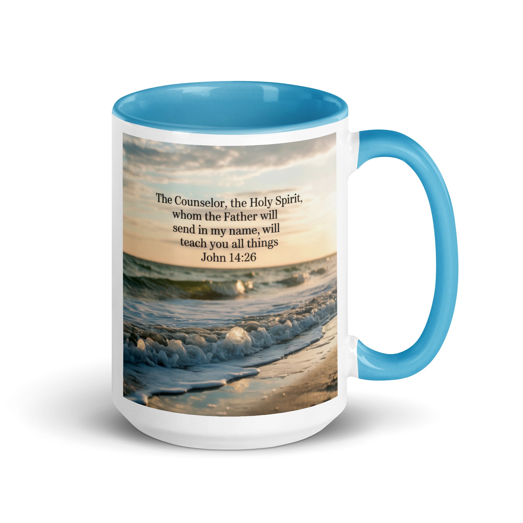 John 14:26 Bible Verse You All White Ceramic Mug with Color Inside Blue 15 oz