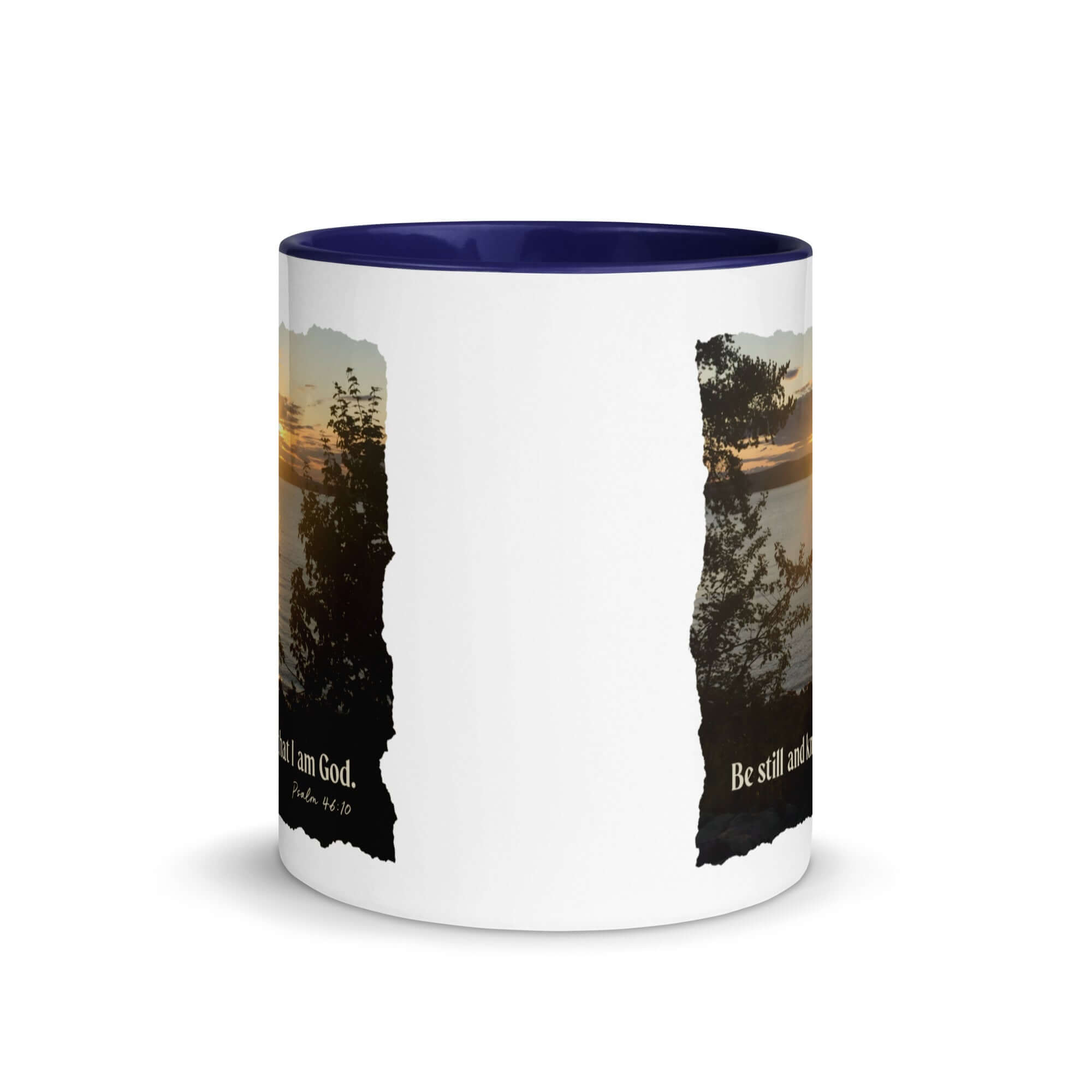 Psalm 46:10 Bible Verse, Sunset Glory White Ceramic Mug with Color Inside