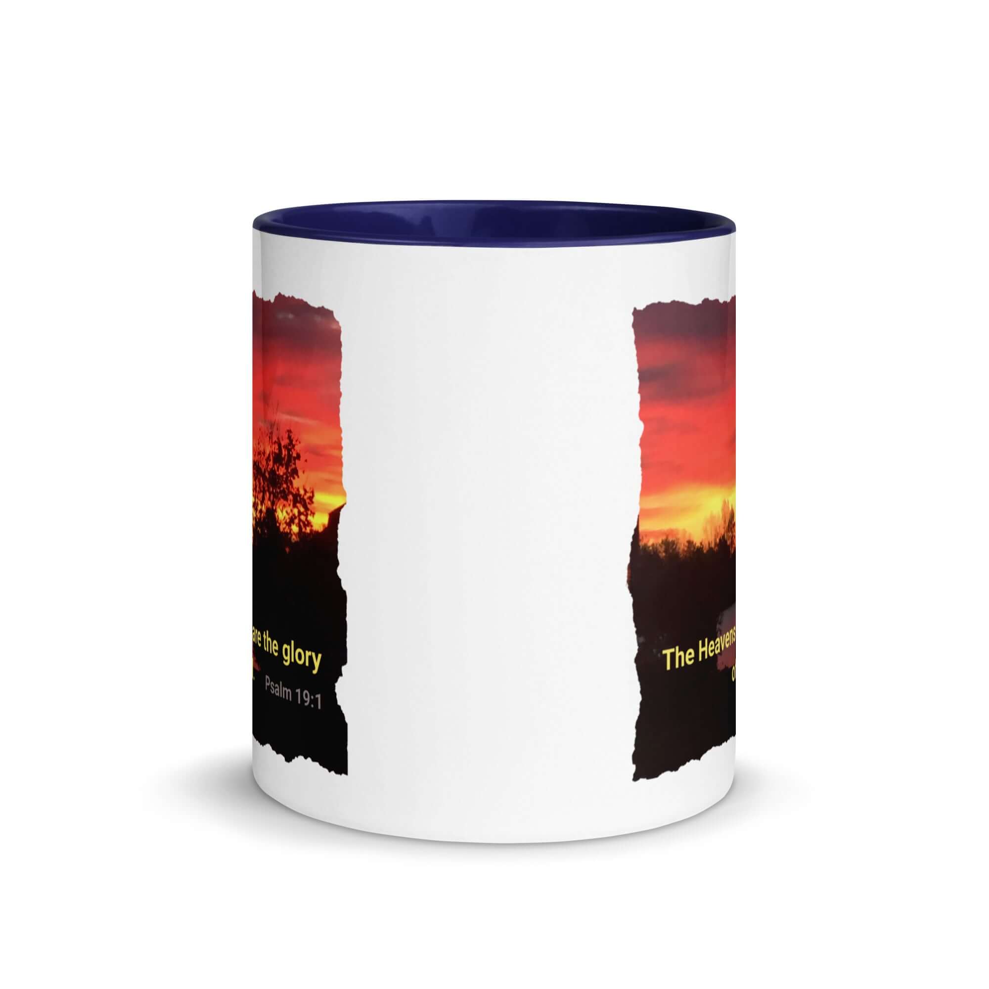 Psalm 19:1 Bible Verse, Sunset Glory White Ceramic Mug with Color Inside