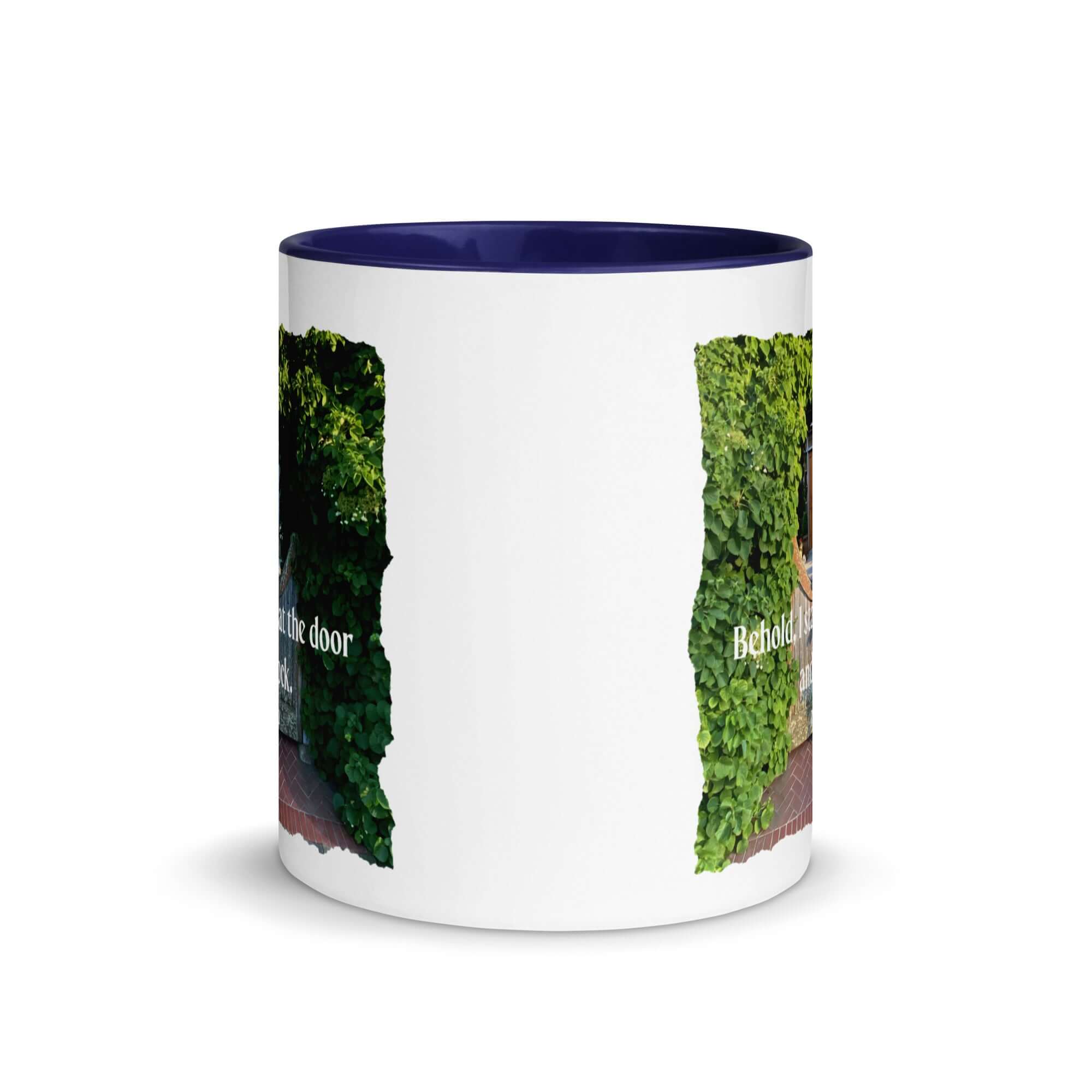 Revelation 3:20 Bible Verse, Garden Doorway White Ceramic Mug with Color Inside