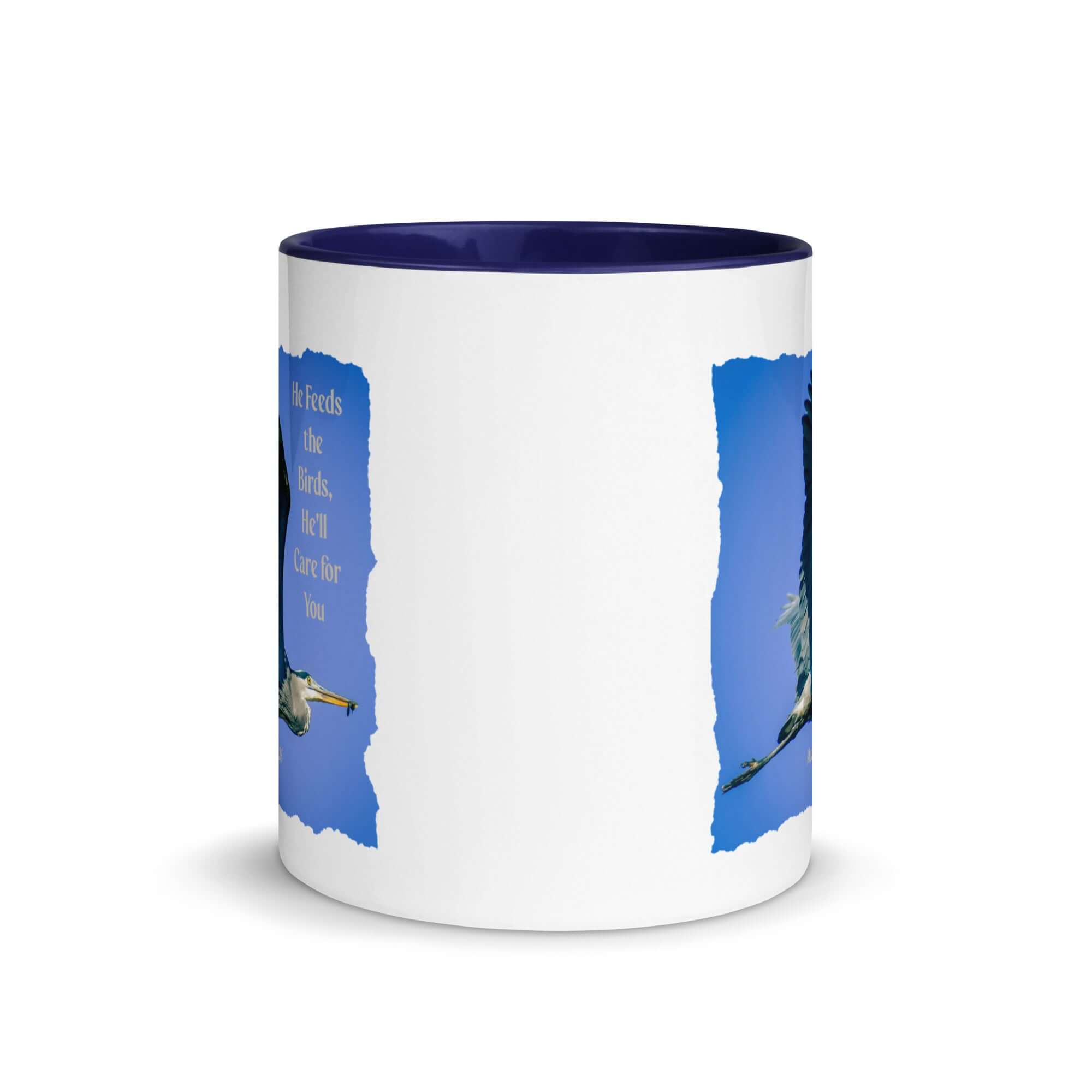 Matthew 6:26 Graceful Heron, He'll Care for You White Ceramic Mug with Color Inside