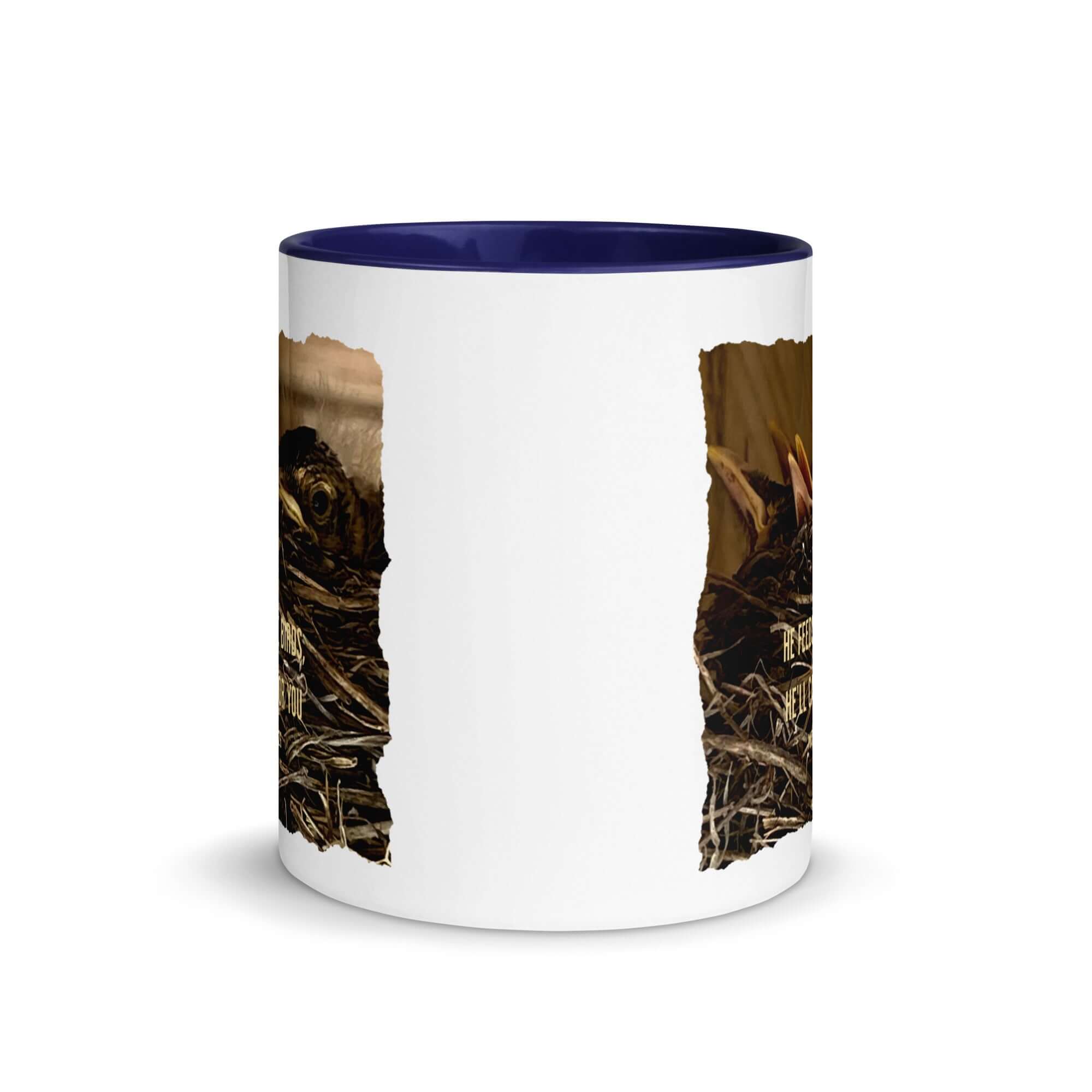 Matthew 6:26 Baby Robins, He'll Care for You White Ceramic Mug with Color Inside