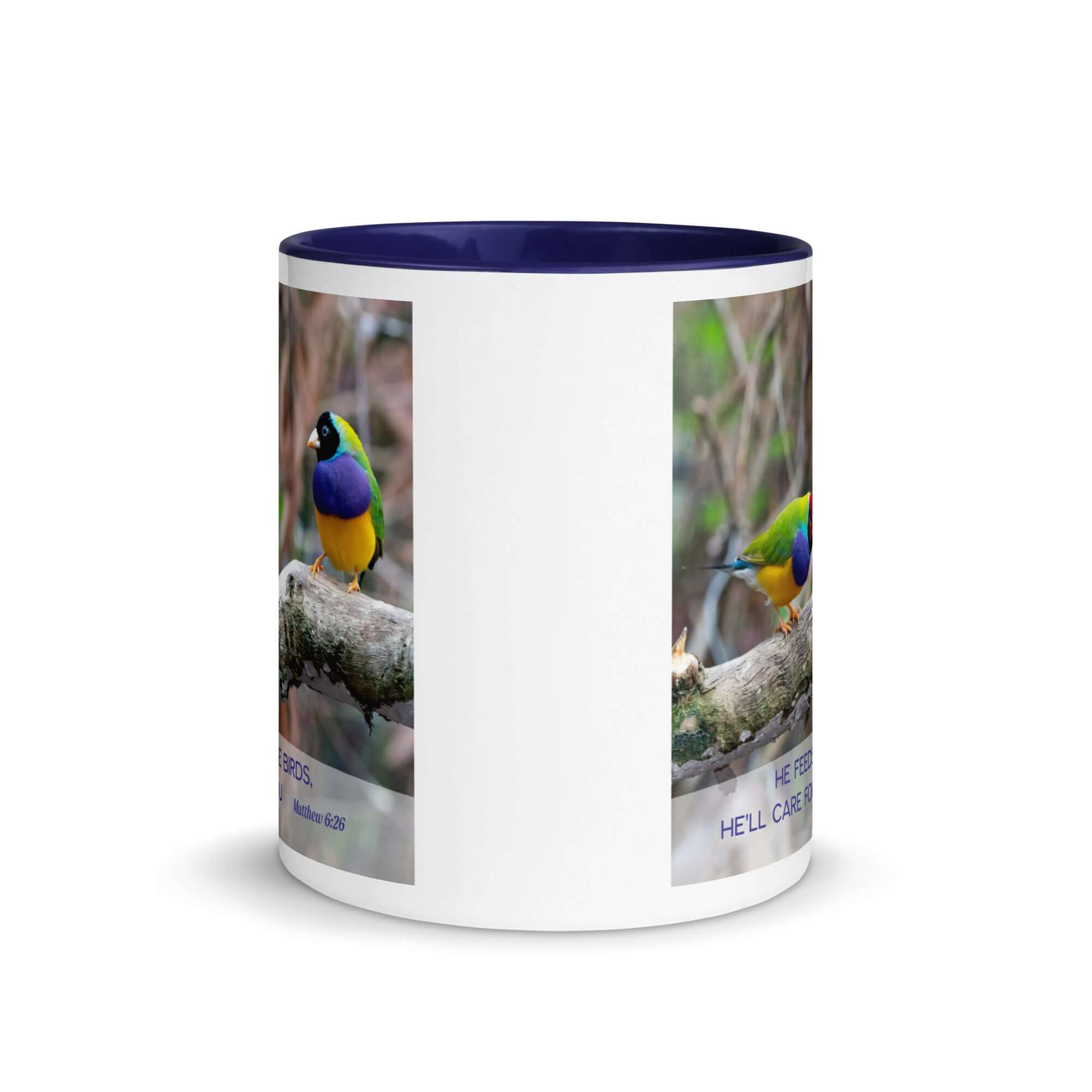 Matthew 6:26 Gouldian Finches, He'll Care for You White Ceramic Mug with Color Inside