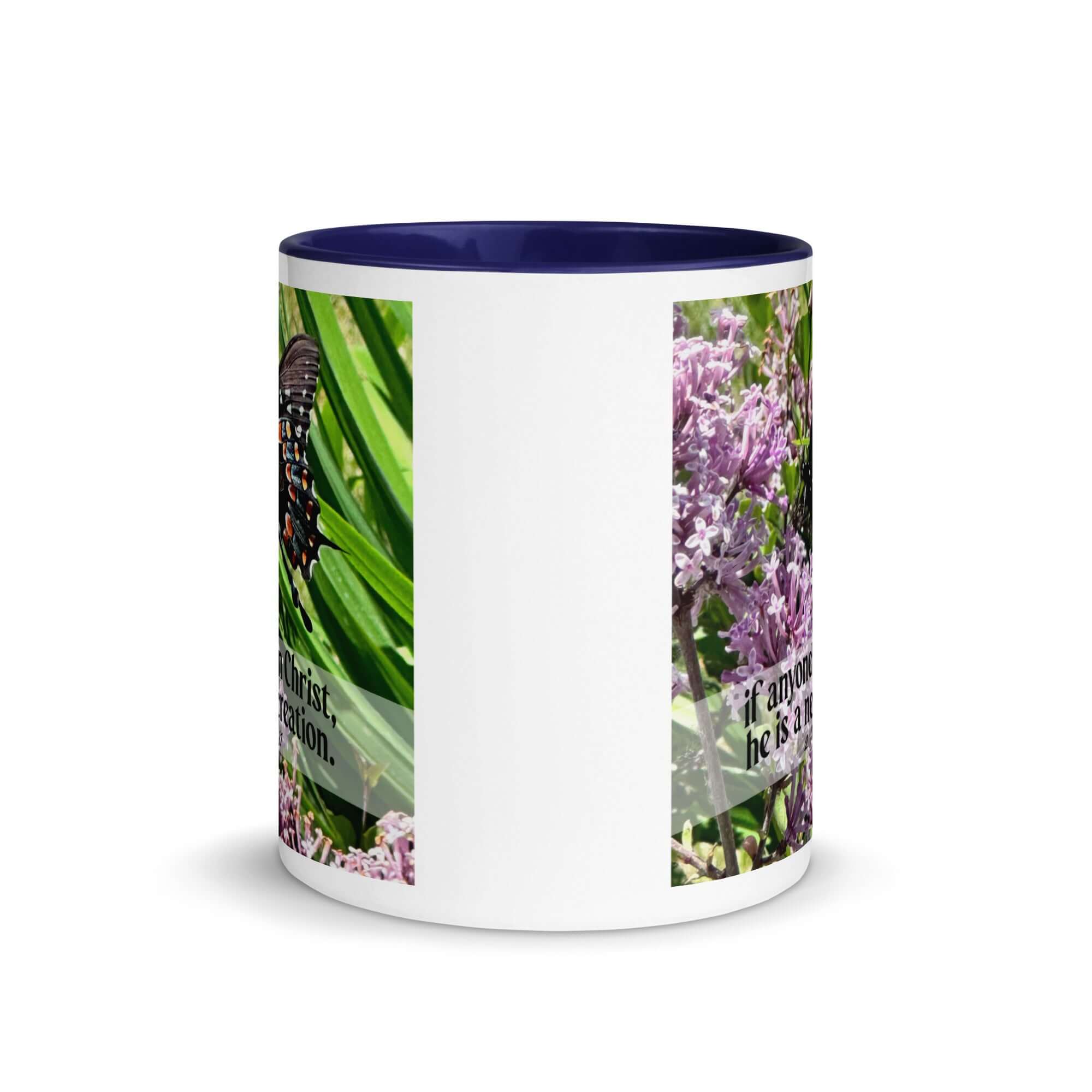 2 Corinthians 5:17 Bible Verse, Butterfly White Ceramic Mug with Color Inside