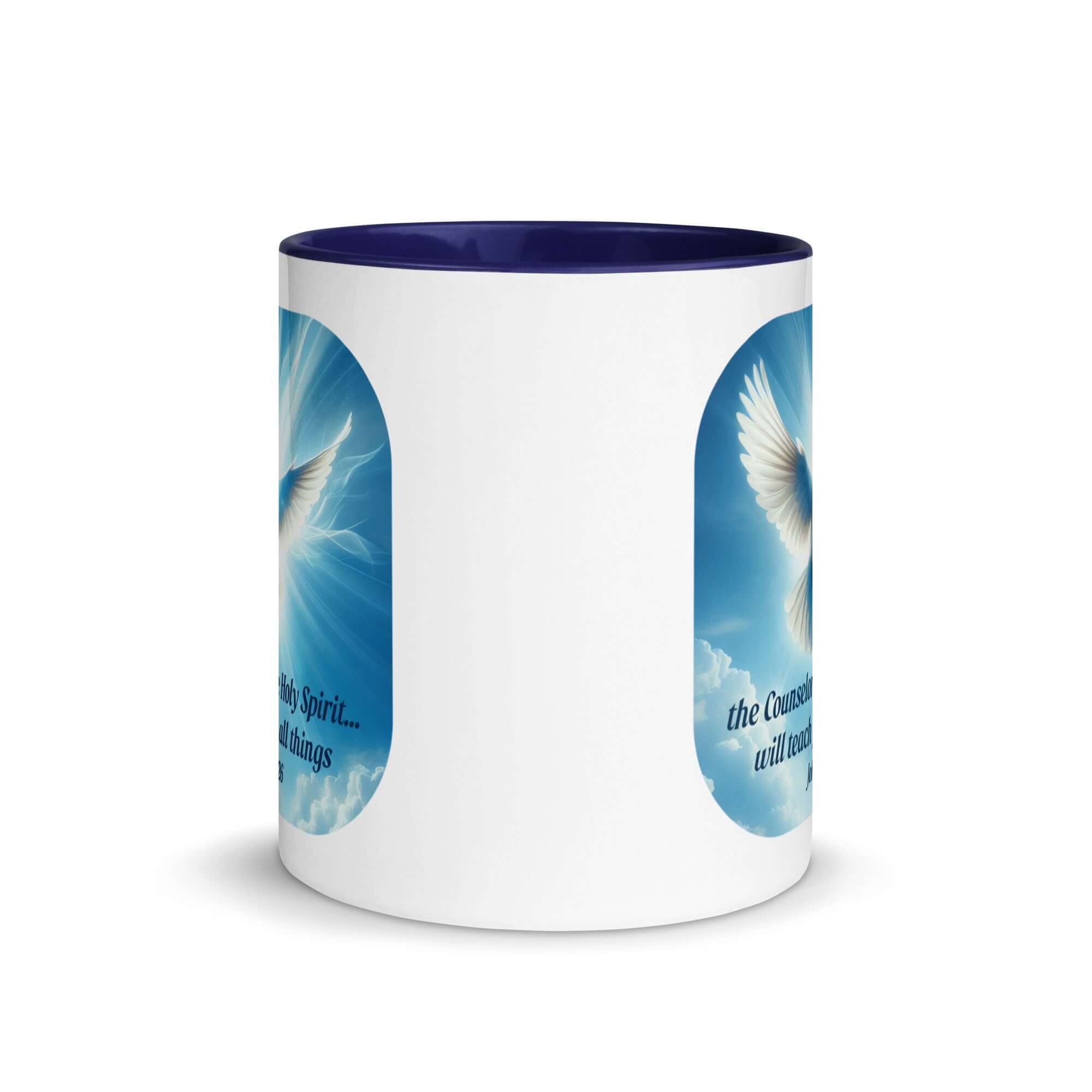 John 14:26 Bible Verse, Holy Spirit Dove White Ceramic Mug with Color Inside
