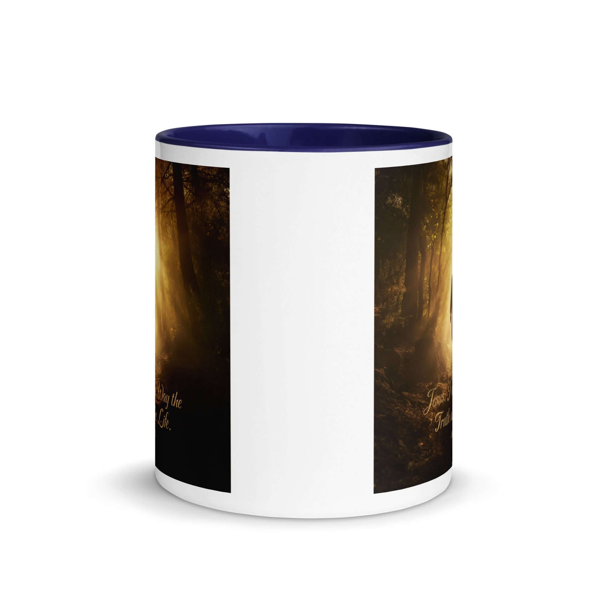 John 14:6 Bible Verse, Forest Image White Ceramic Mug with Color Inside
