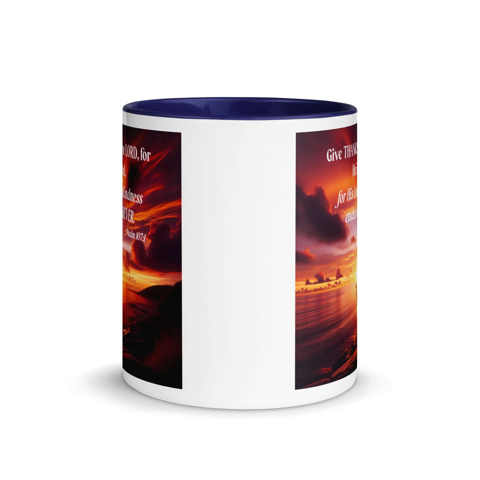 Psalm 107:1 Bible Verse, Give Thanks to the Lord White Ceramic Mug with Color Inside