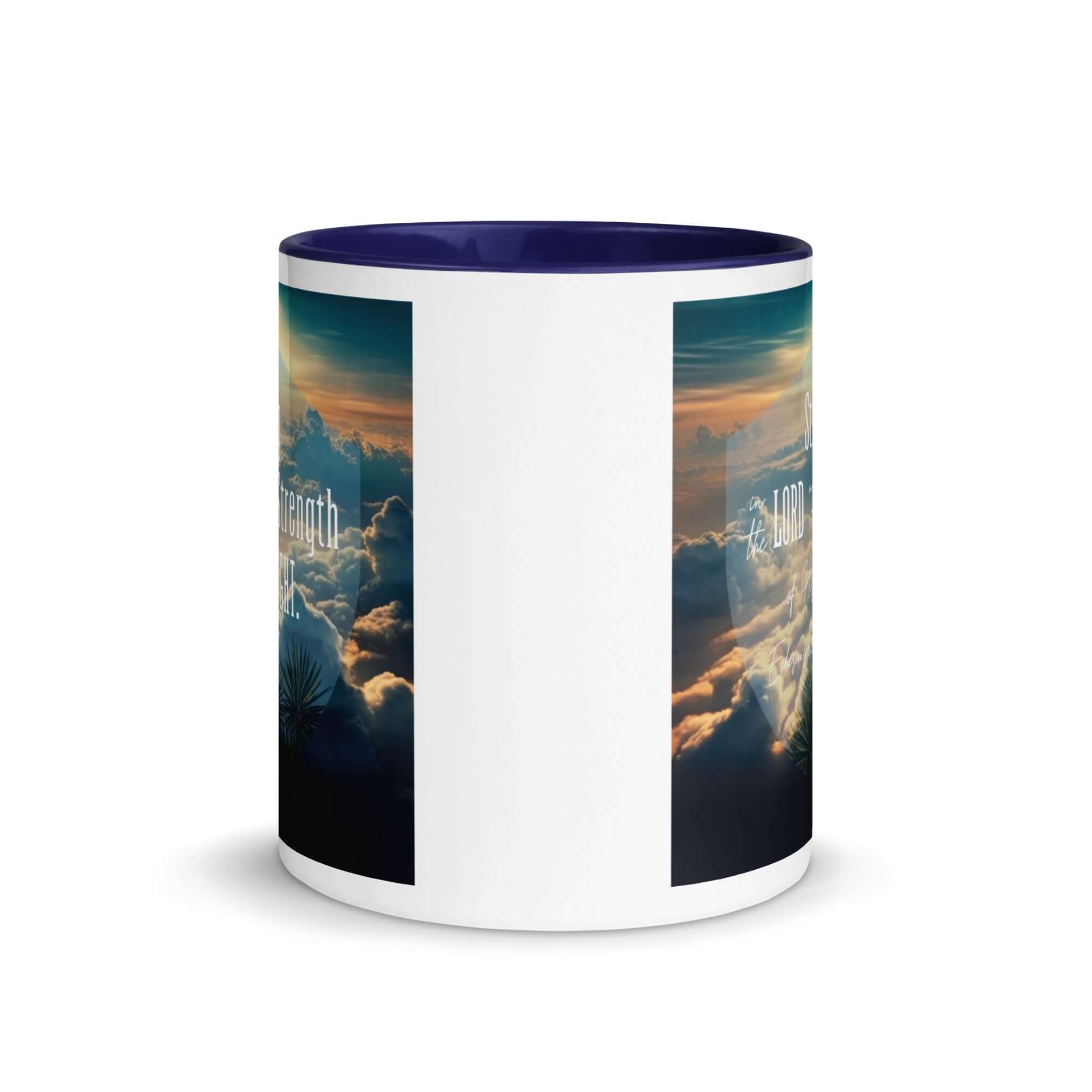 Ephesians 6:10 Bible Verse, be strong in the Lord White Ceramic Mug with Color Inside