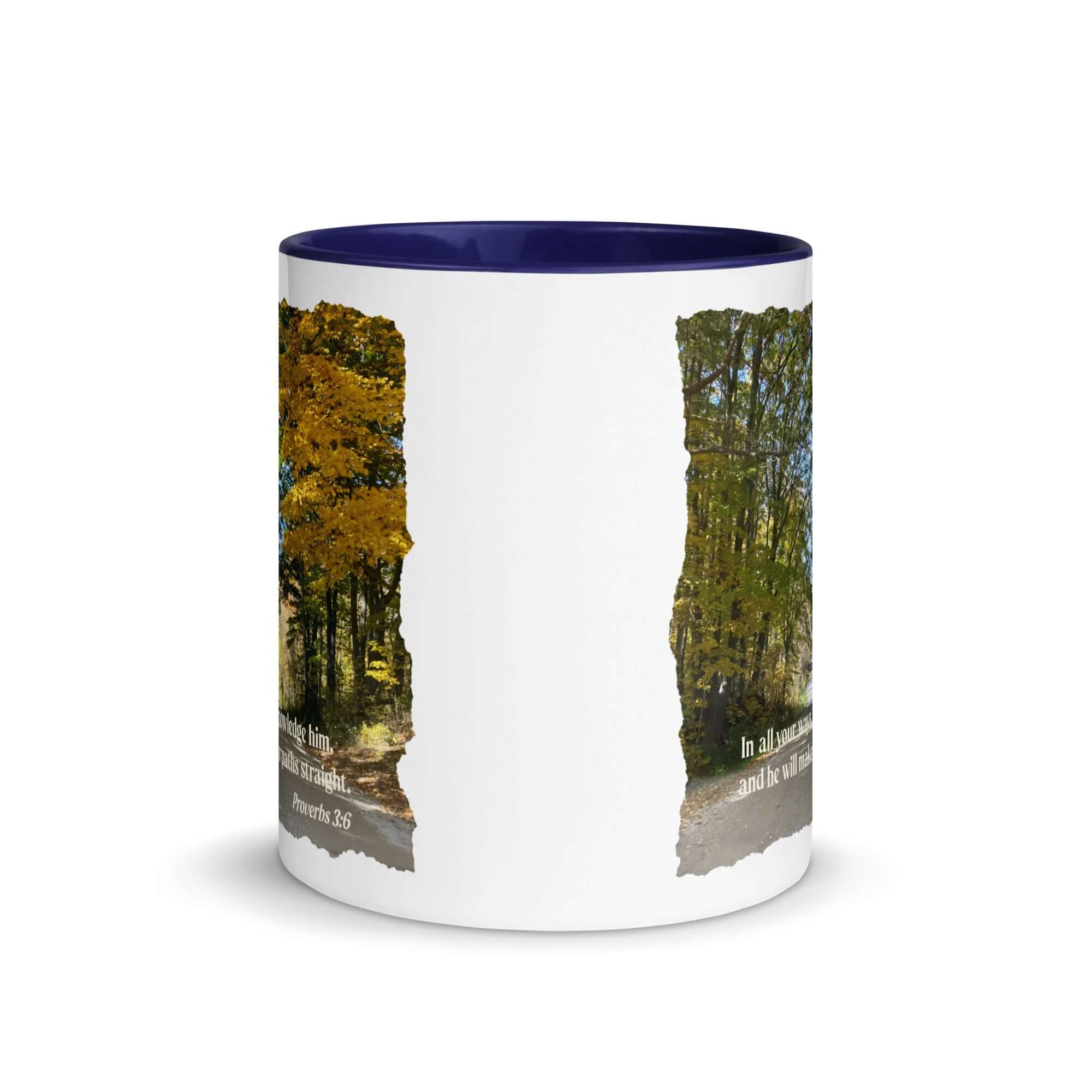 Proverbs 3:6 Bible Verse, Fall Road White Ceramic Mug with Color Inside