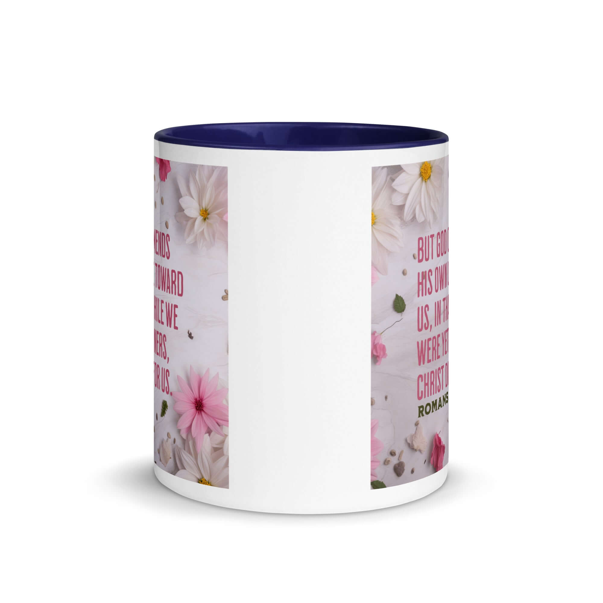 Romans 5:8 Bible Verse, Christ Died for Us White Ceramic Mug with Color Inside