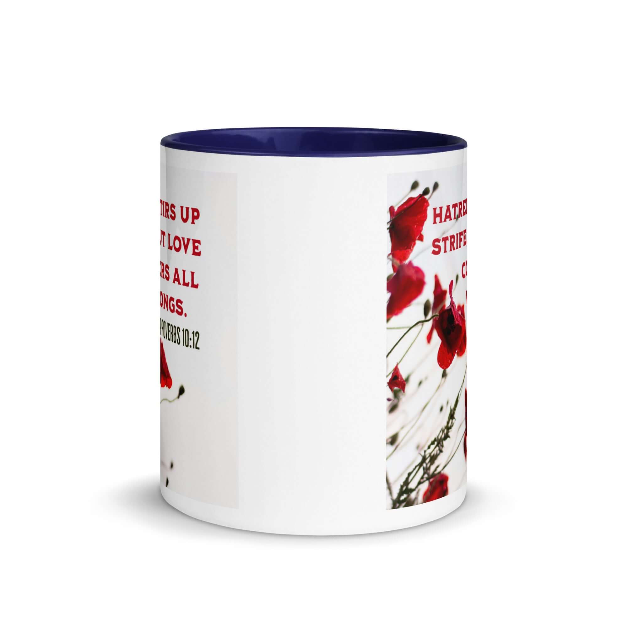 Proverbs 10:12 Bible Verse, Love Covers All White Ceramic Mug with Color Inside