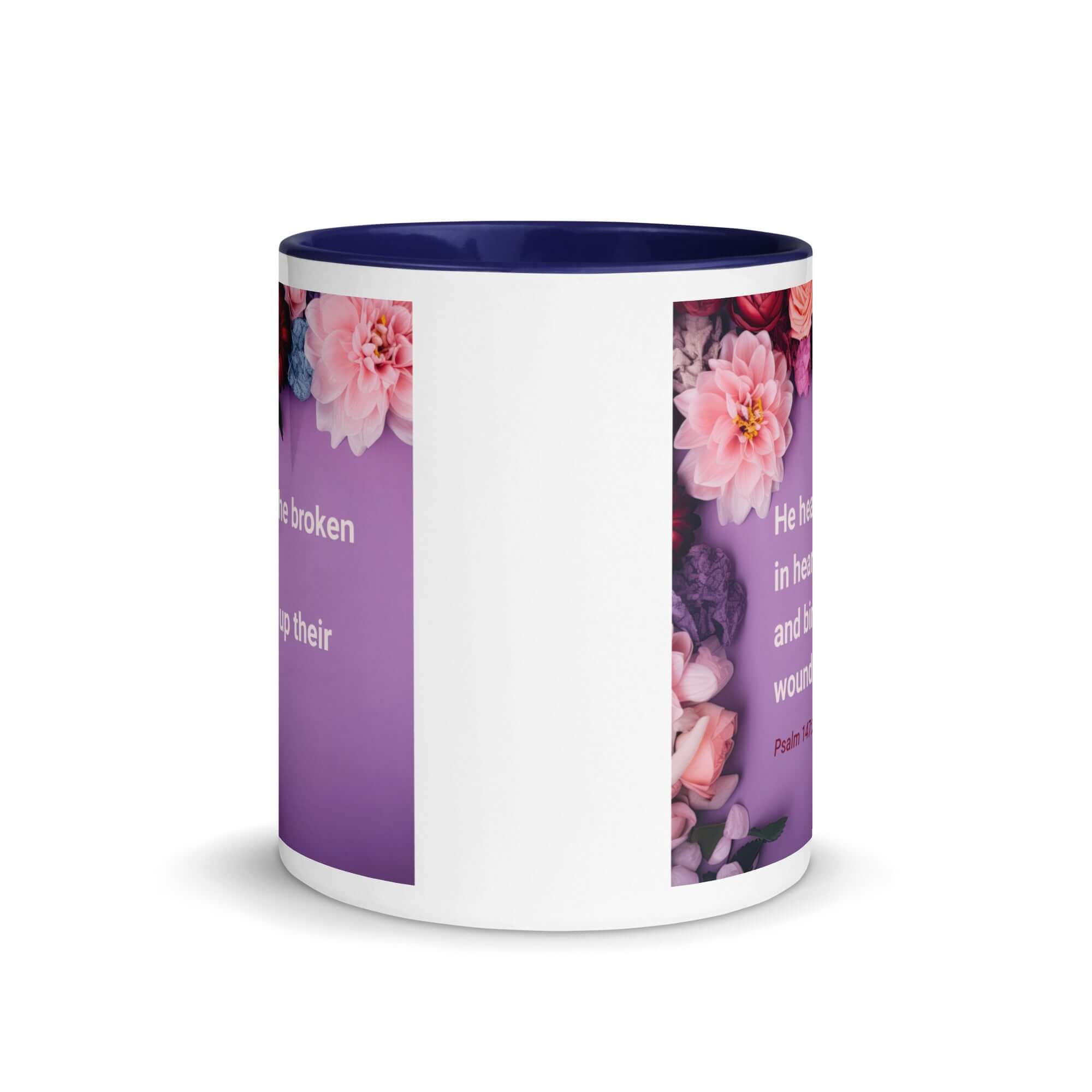 Psalm 147:3 Bible Verse, He heals the broken White Ceramic Mug with Color Inside