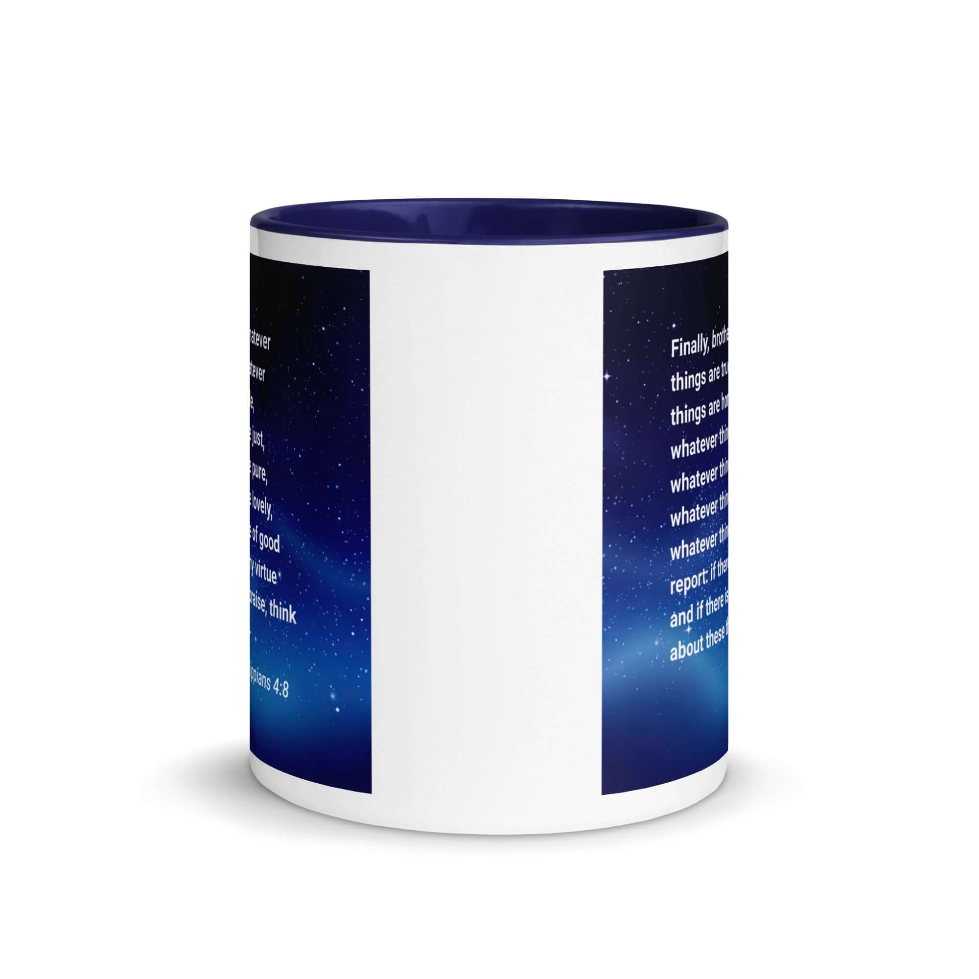 Philippians 4:8 Bible Verse, Think these things White Ceramic Mug with Color Inside