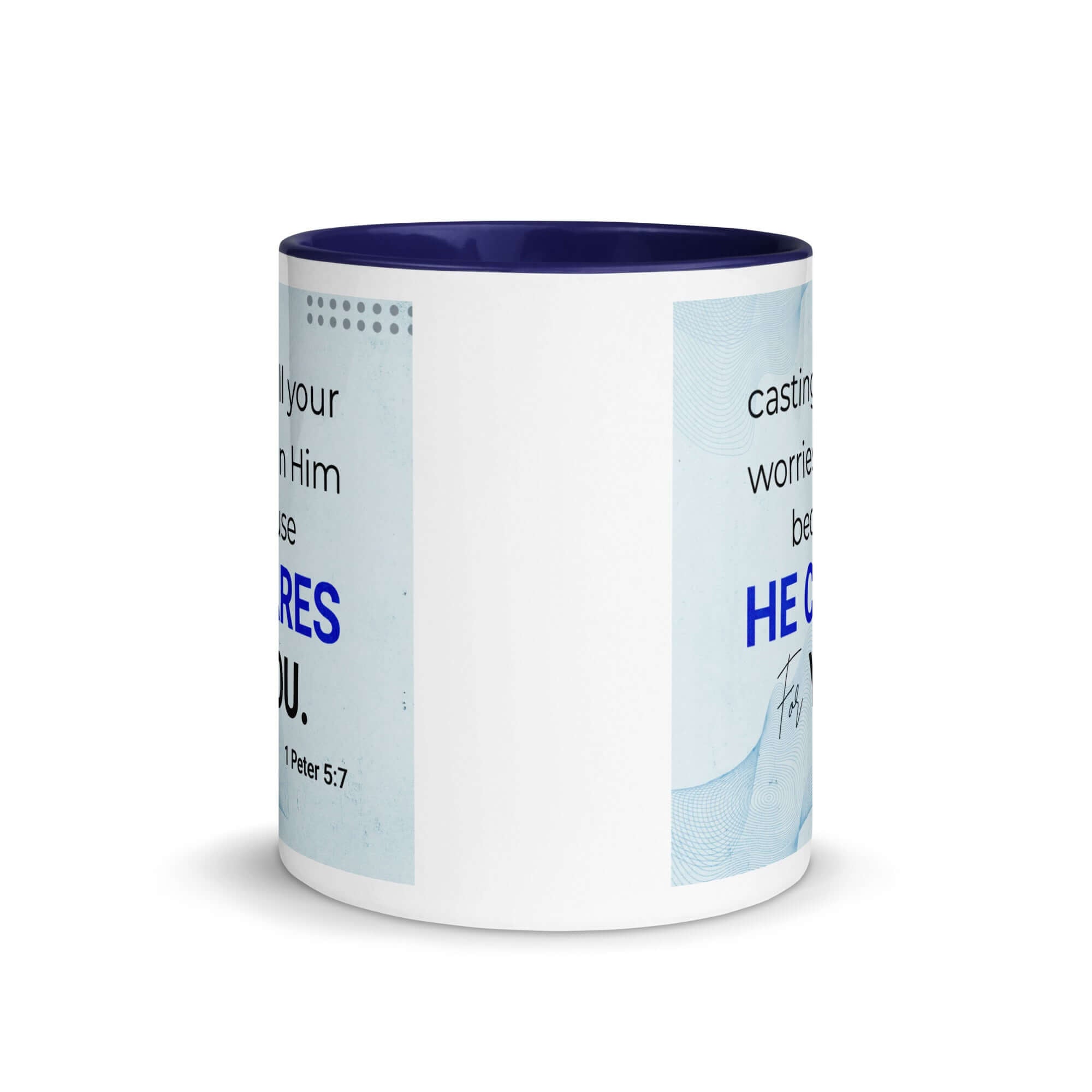 1 Peter 5:7 Bible Verse, casting all your worries on Him White Ceramic Mug with Color Inside