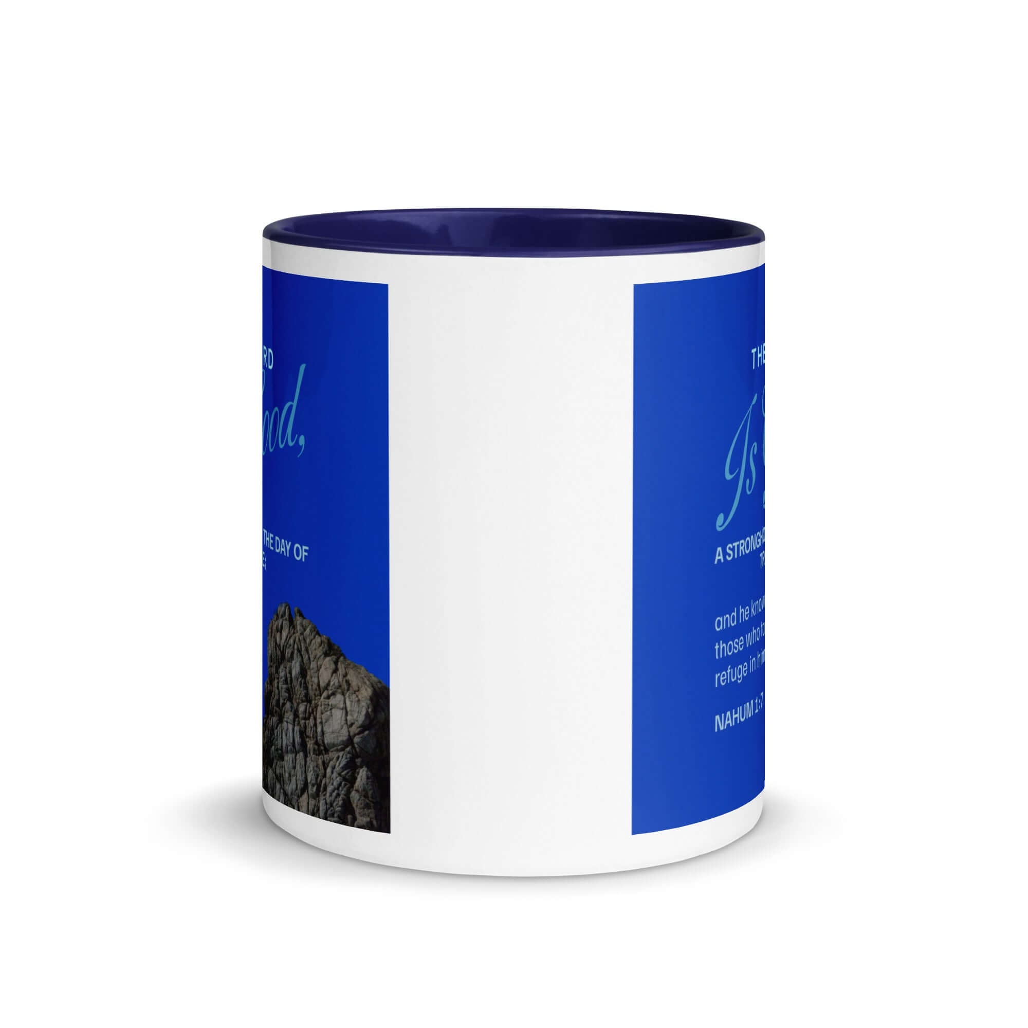 Nahum 1:7 Bible Verse, The LORD is a stronghold White Ceramic Mug with Color Inside