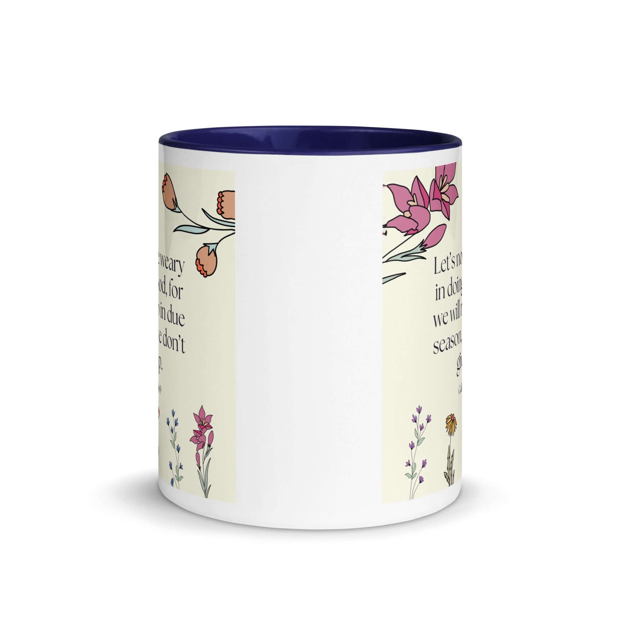 Galatians 6:9 Bible Verse, in doing good White Ceramic Mug with Color Inside